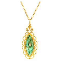 Vintage 18K Yellow Gold Turquoise Pendant and Long Chain