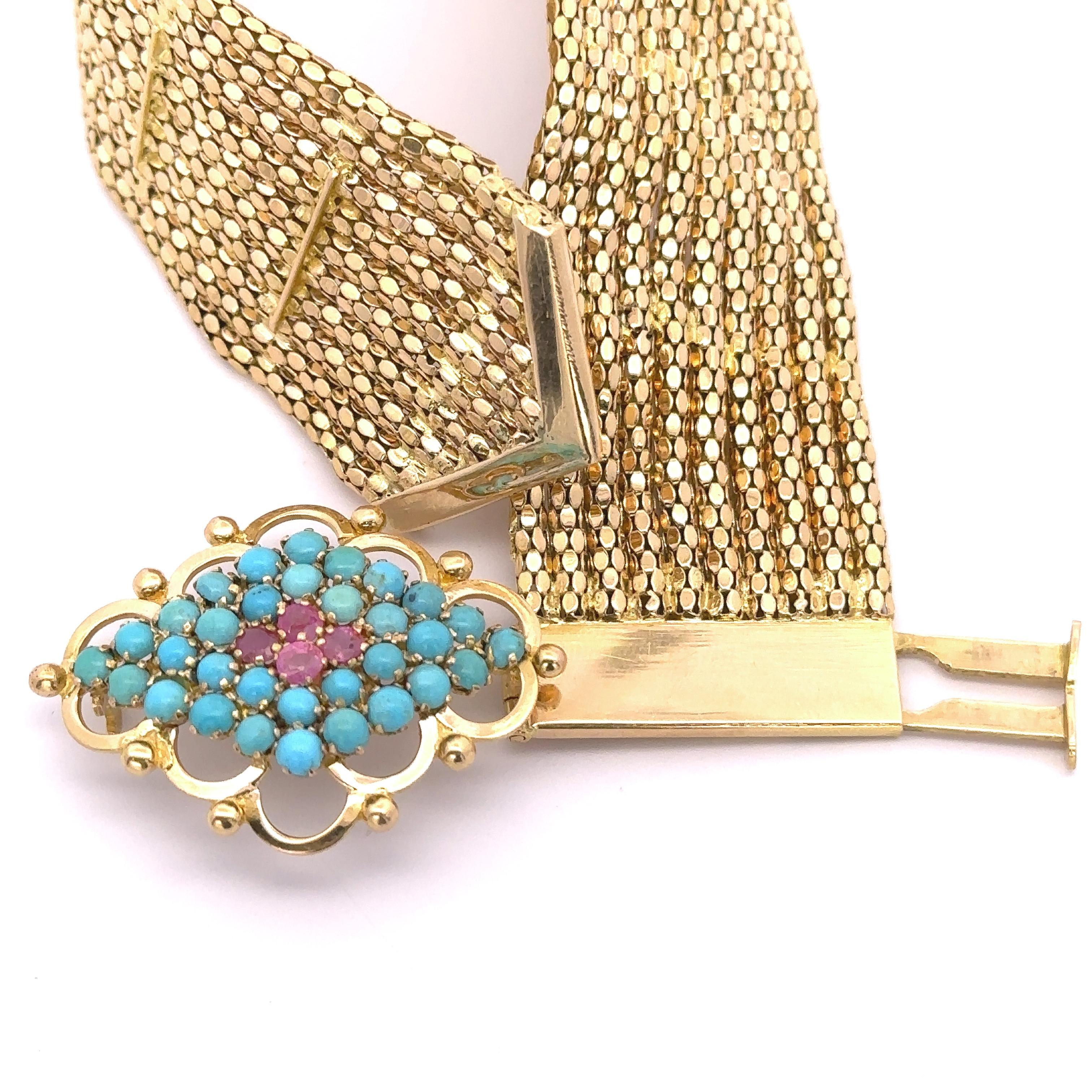 Breites Popcorn-Gliederarmband aus 18 Karat Gelbgold mit Schnalle, Türkis & Rubin (Kugelschliff) im Angebot