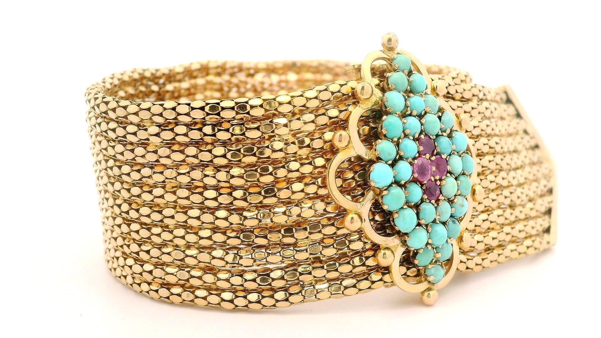 Breites Popcorn-Gliederarmband aus 18 Karat Gelbgold mit Schnalle, Türkis & Rubin im Zustand „Gut“ im Angebot in Montclair, NJ