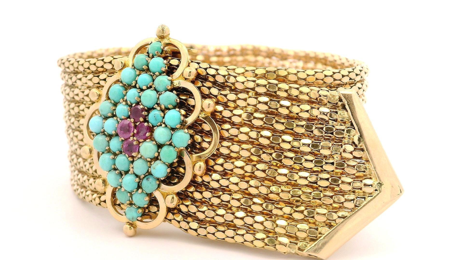 Breites Popcorn-Gliederarmband aus 18 Karat Gelbgold mit Schnalle, Türkis & Rubin Damen im Angebot