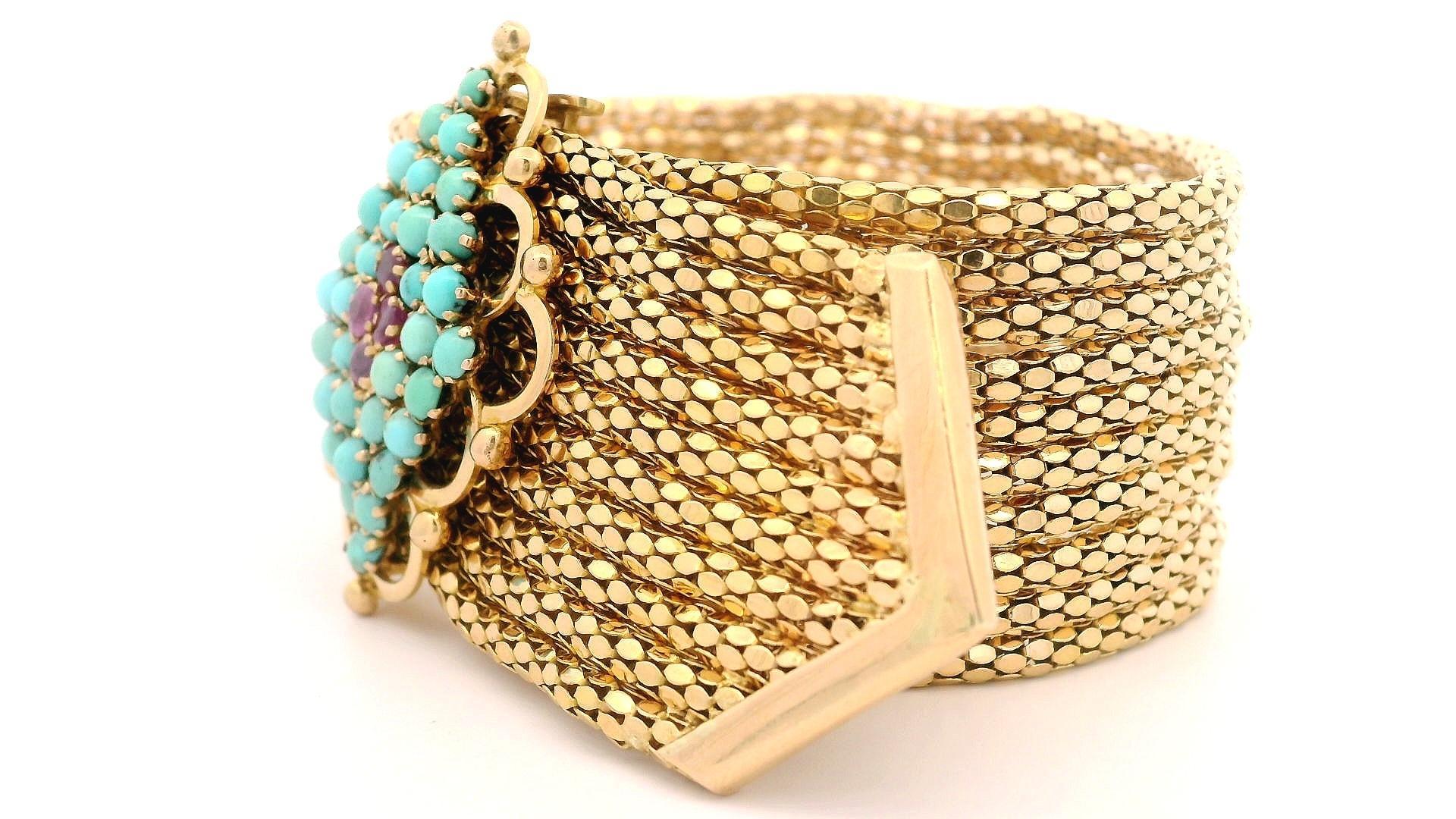 Breites Popcorn-Gliederarmband aus 18 Karat Gelbgold mit Schnalle, Türkis & Rubin im Angebot 3