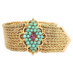 Breites Popcorn-Gliederarmband aus 18 Karat Gelbgold mit Schnalle, Türkis & Rubin