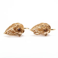 Vintage 18 Karat Yellow Gold, Turquoise and Sapphire Leaf Earrings