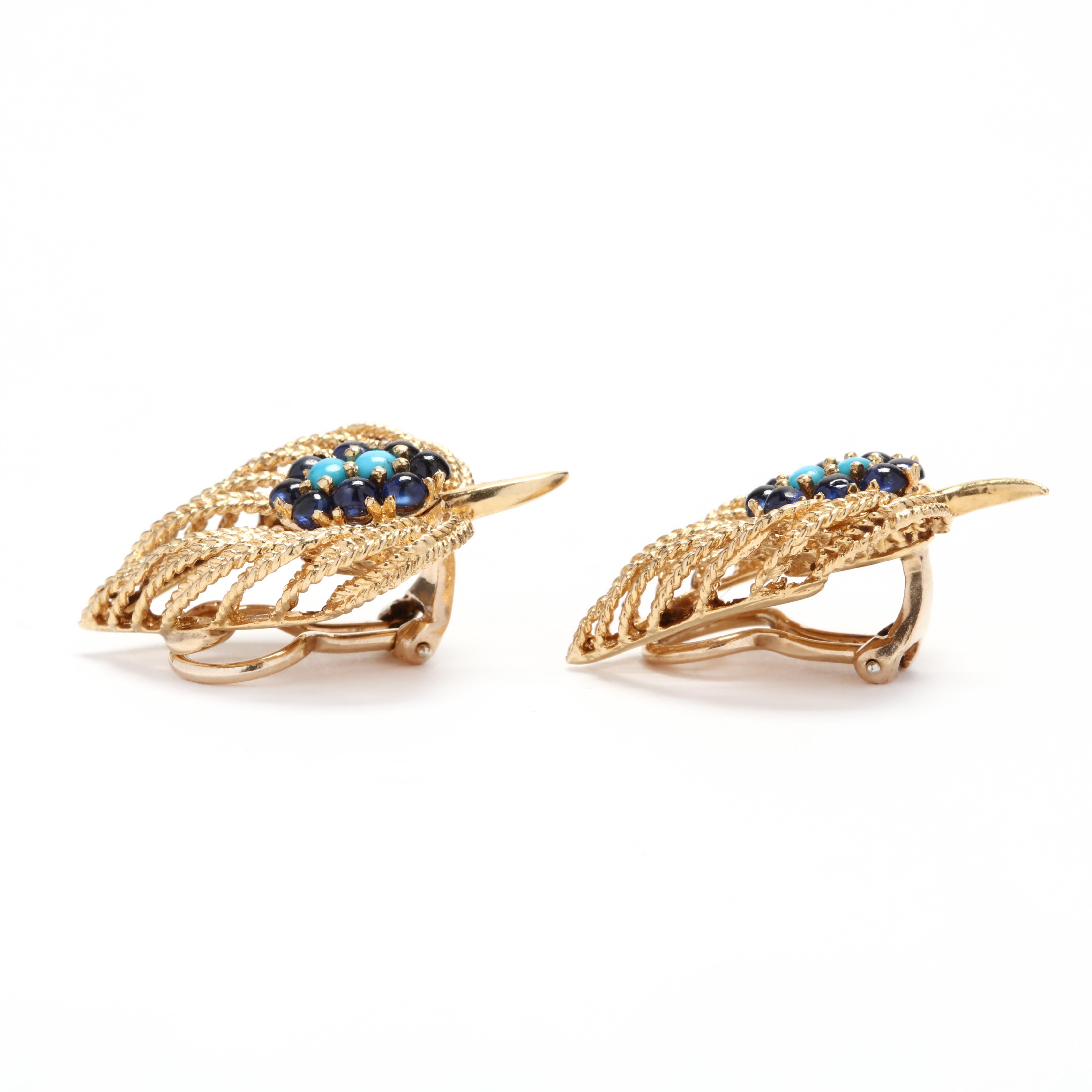 Round Cut Vintage 18 Karat Yellow Gold, Turquoise and Sapphire Leaf Earrings