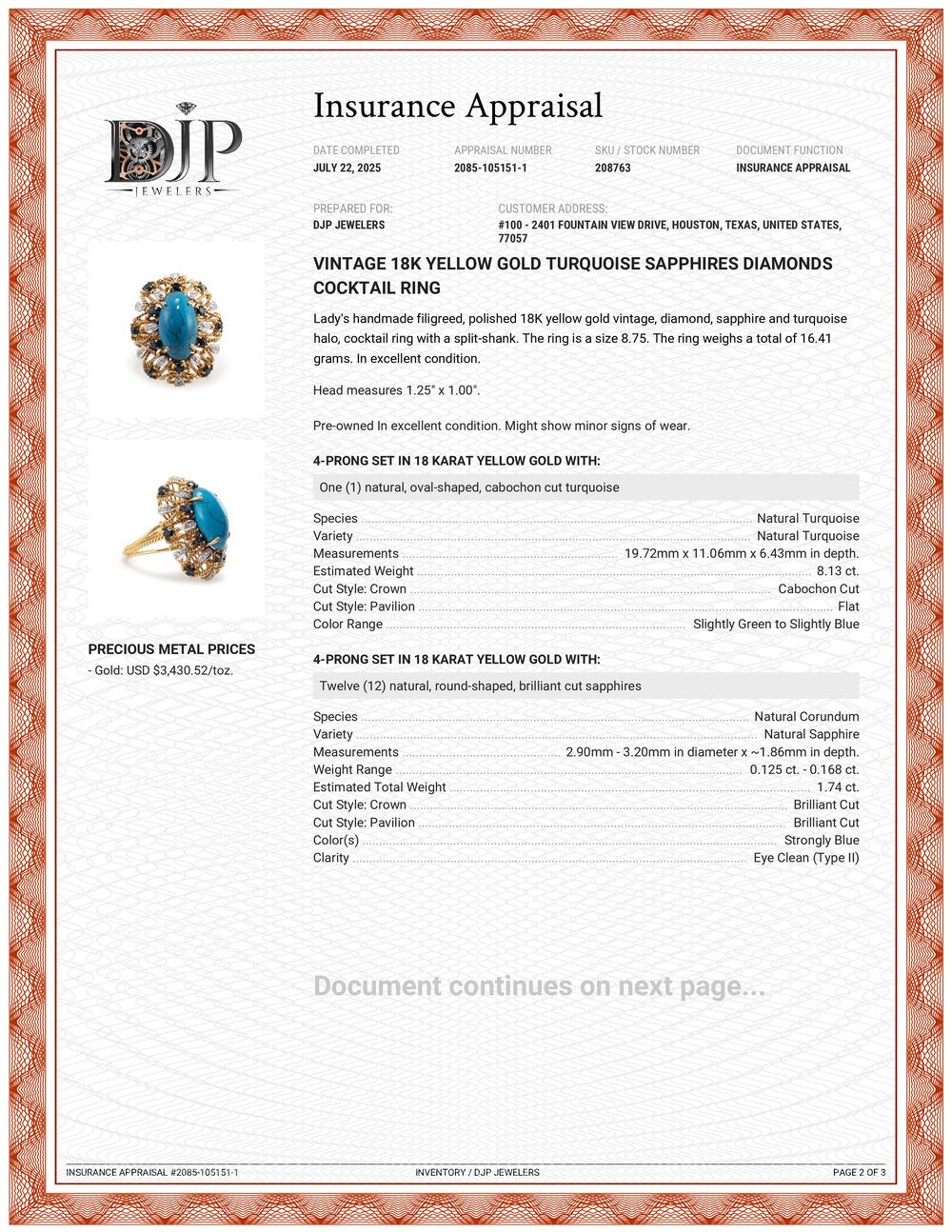 Bague de cocktail vintage en or jaune 18K Turquoise Saphirs Diamants en vente 5