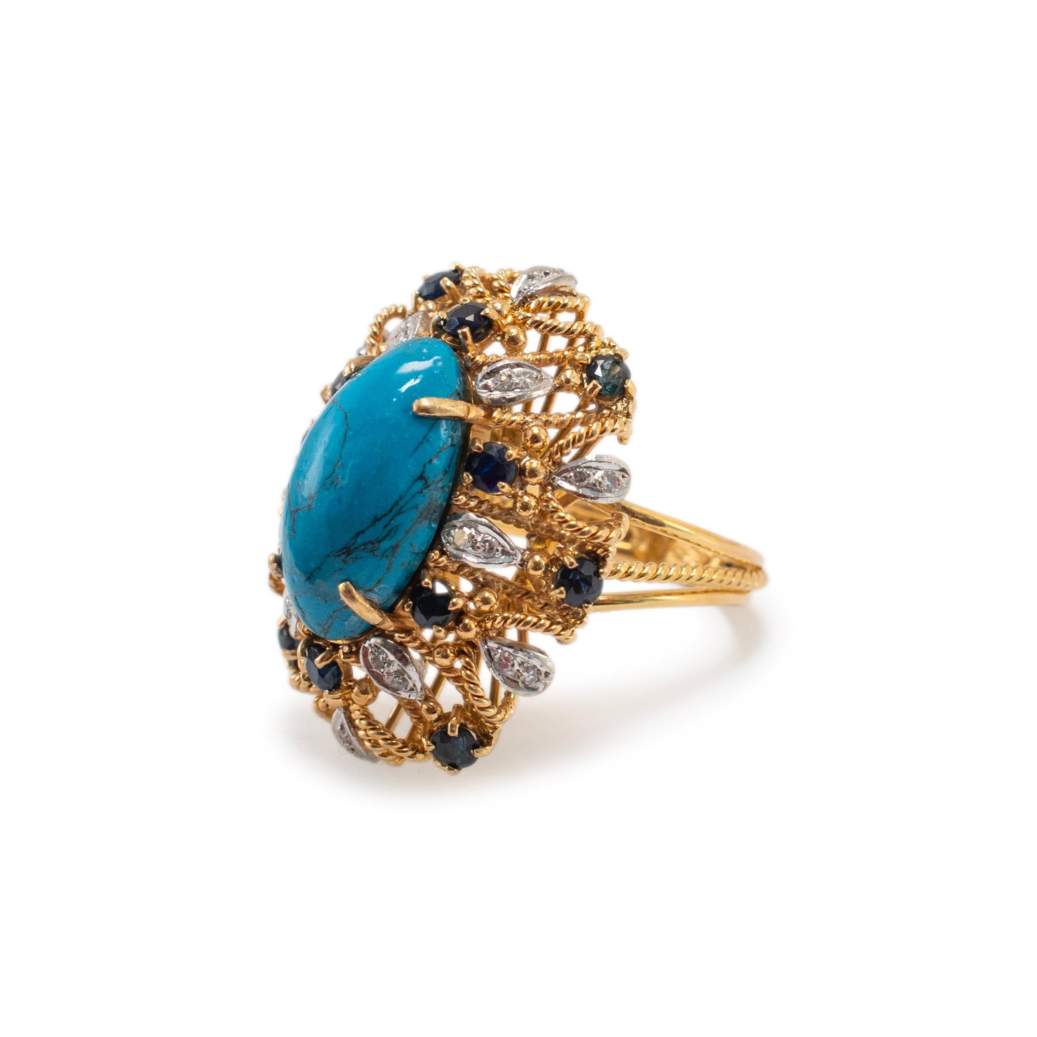 Taille ovale Bague de cocktail vintage en or jaune 18K Turquoise Saphirs Diamants en vente