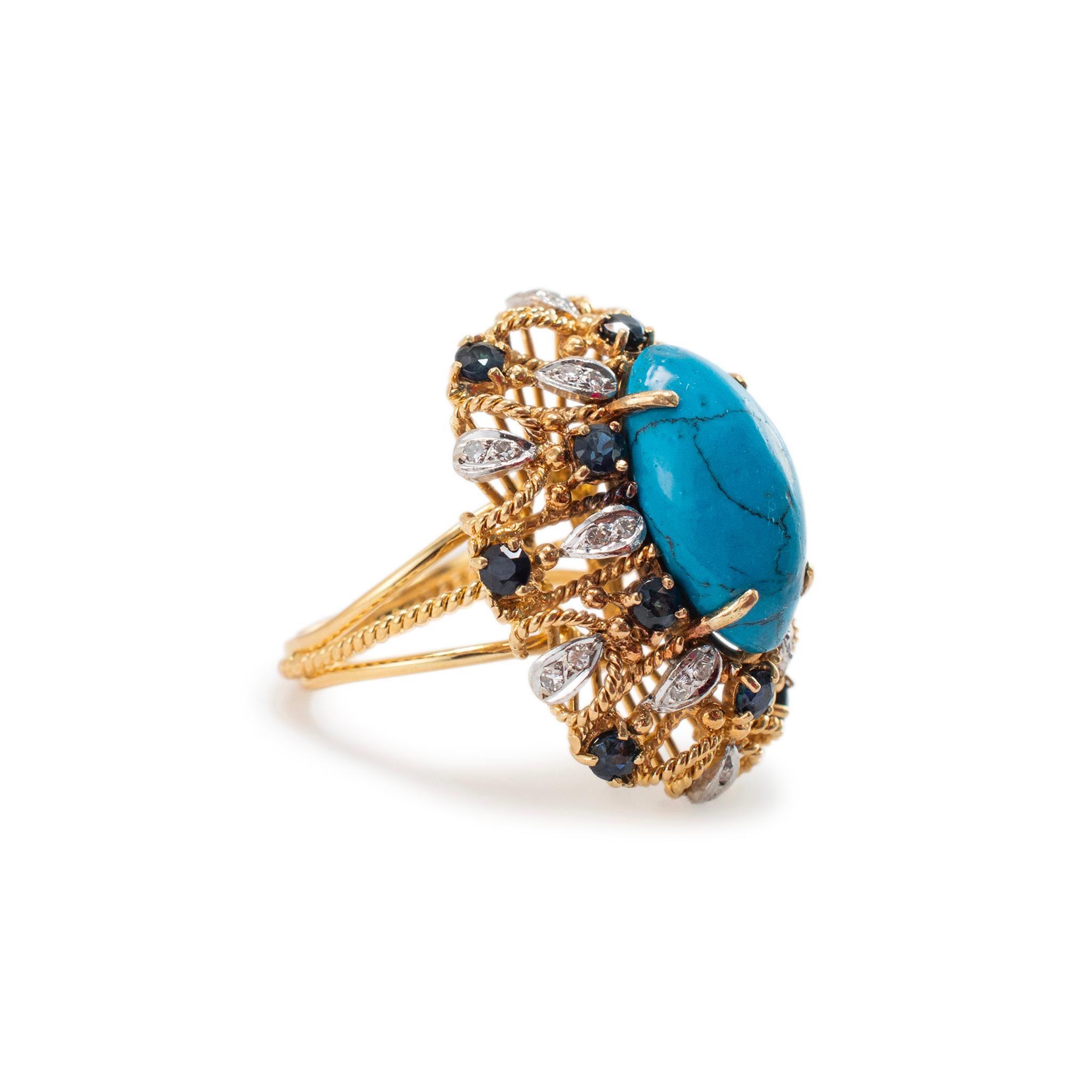 Bague de cocktail vintage en or jaune 18K Turquoise Saphirs Diamants Pour femmes en vente