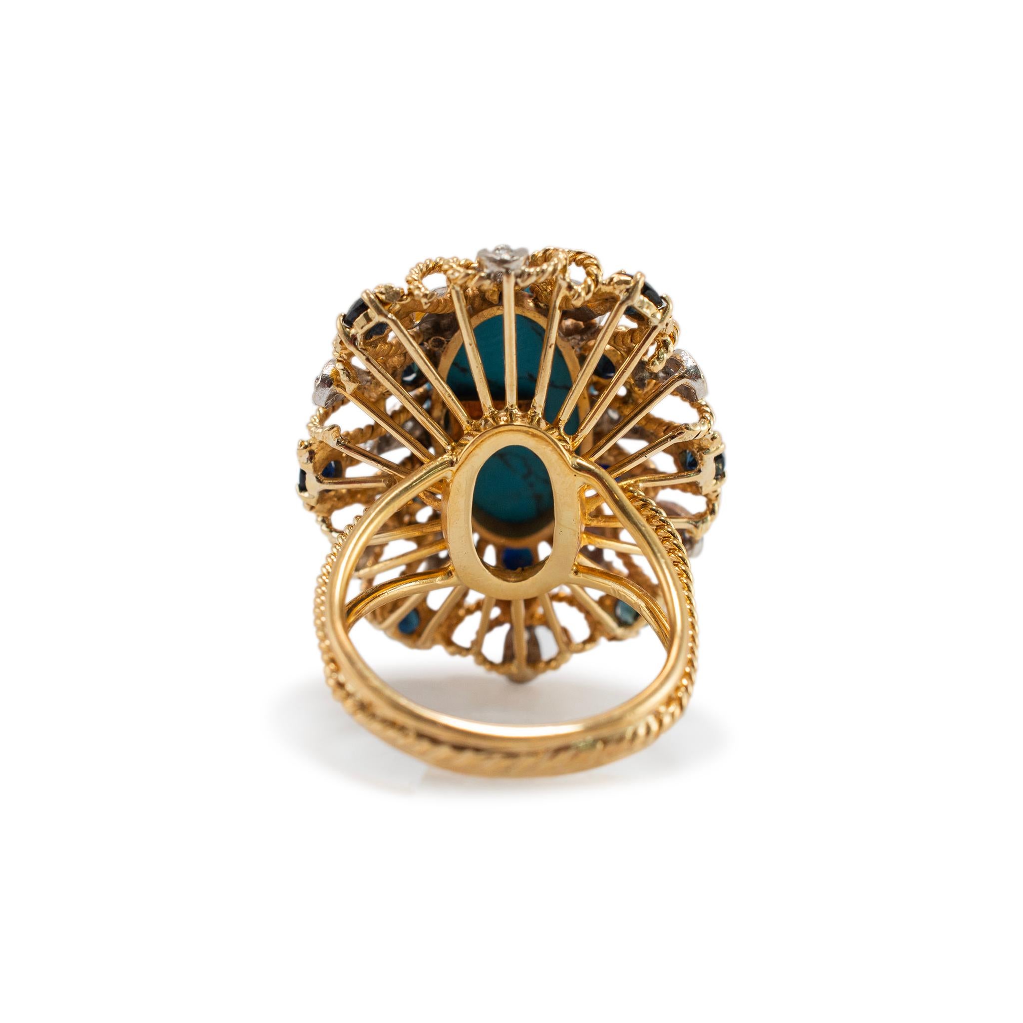 Bague de cocktail vintage en or jaune 18K Turquoise Saphirs Diamants en vente 1
