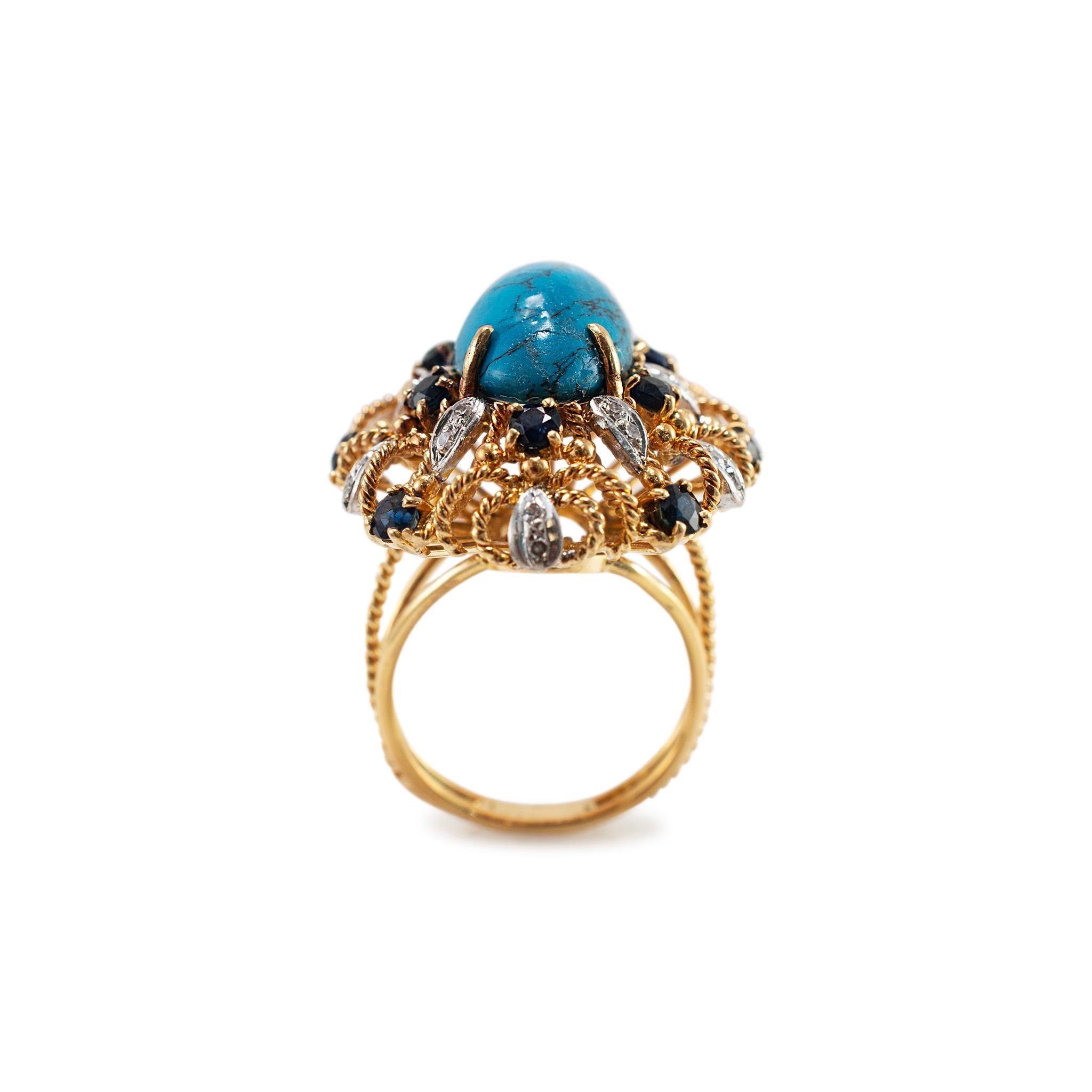Bague de cocktail vintage en or jaune 18K Turquoise Saphirs Diamants en vente 2