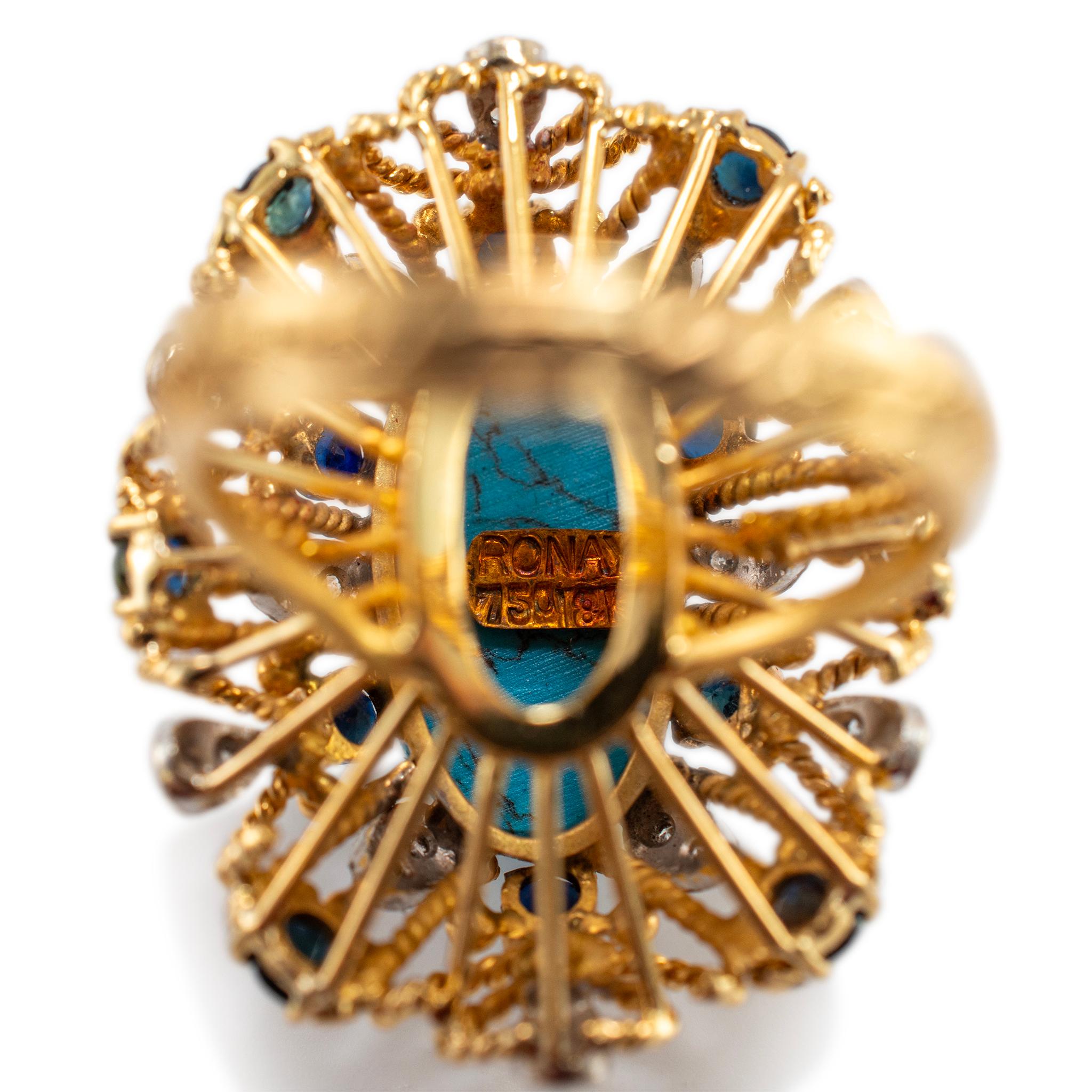Bague de cocktail vintage en or jaune 18K Turquoise Saphirs Diamants en vente 3