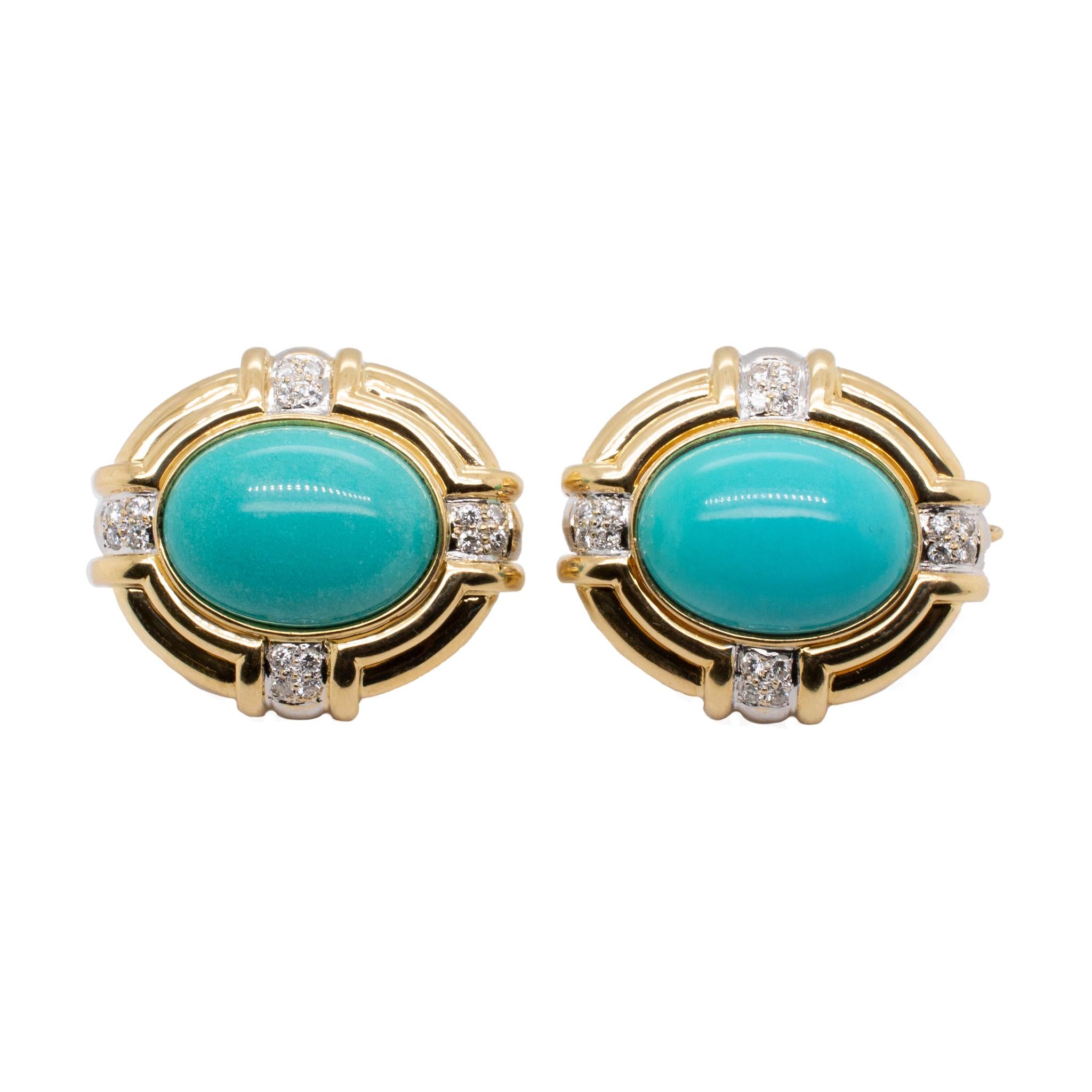 One pair of lady's custom made polished 18K yellow gold, diamond and turquoise clip-on, antique, vintage earrings. The earrings measure approximately 1.00 inches in length and weigh a total of 22.20 grams. Engraved with 