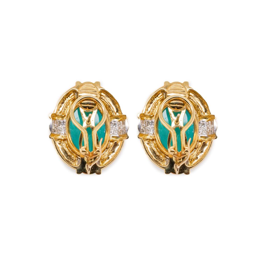 Round Cut Vintage 18K Yellow Gold Turquoises Diamond Earrings
