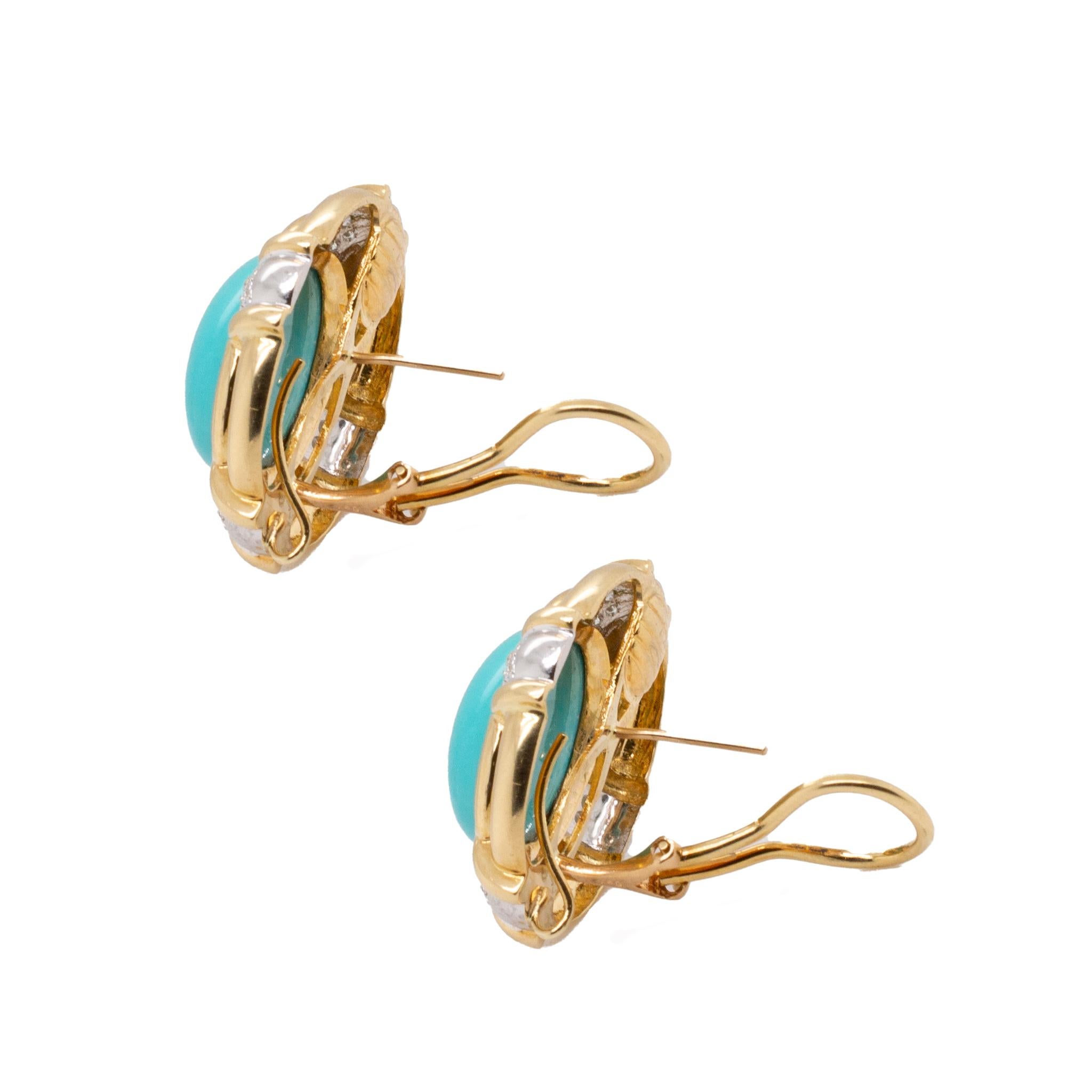 Vintage 18K Yellow Gold Turquoises Diamond Earrings In Excellent Condition In Houston, TX