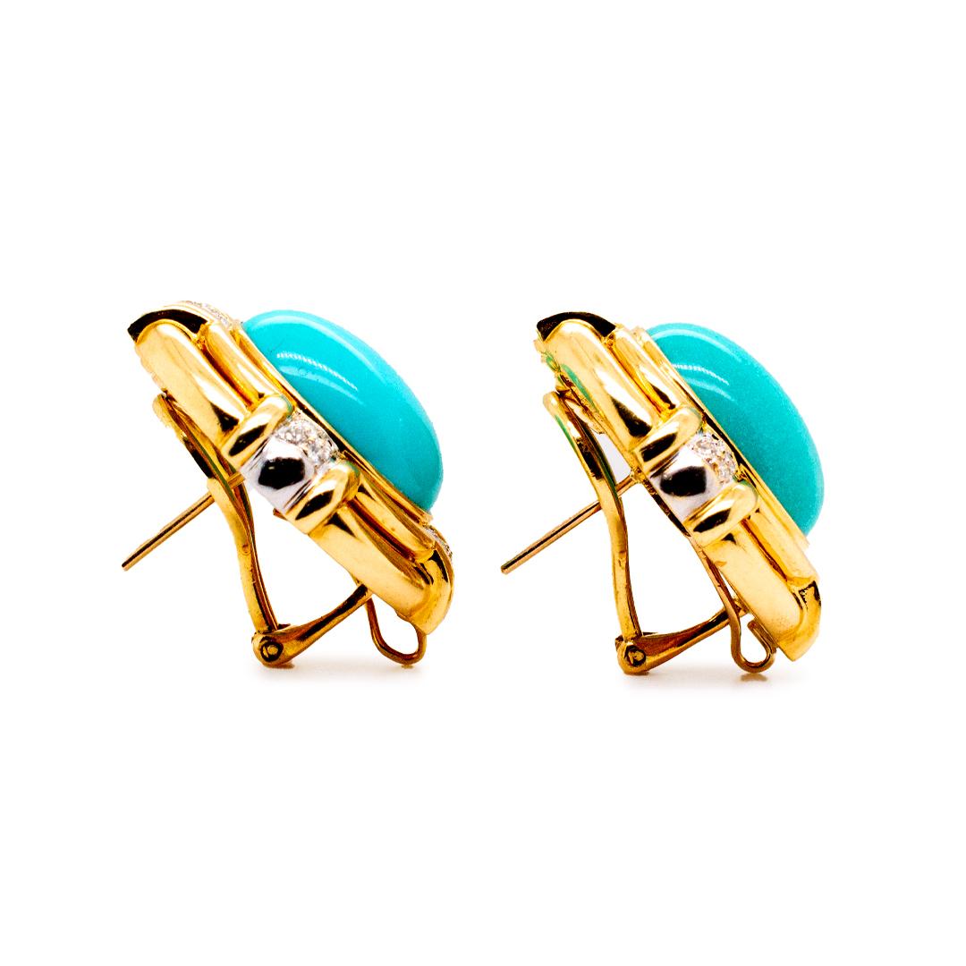 Vintage 18K Yellow Gold Turquoises Diamond Earrings 1
