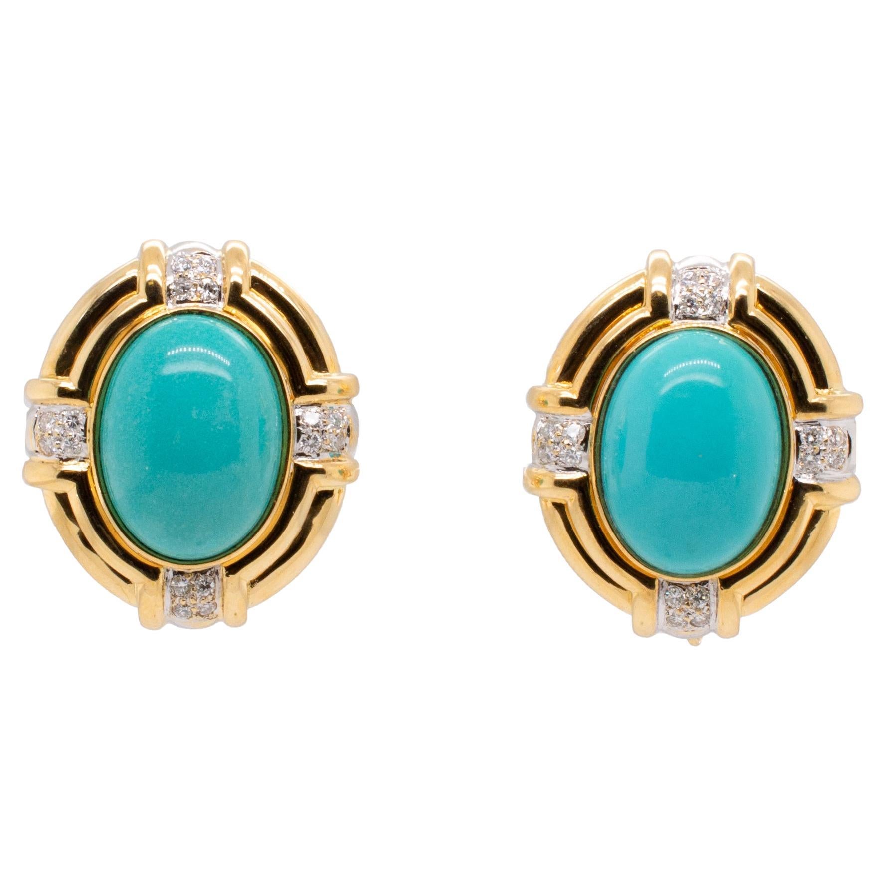 Vintage 18K Yellow Gold Turquoises Diamond Earrings