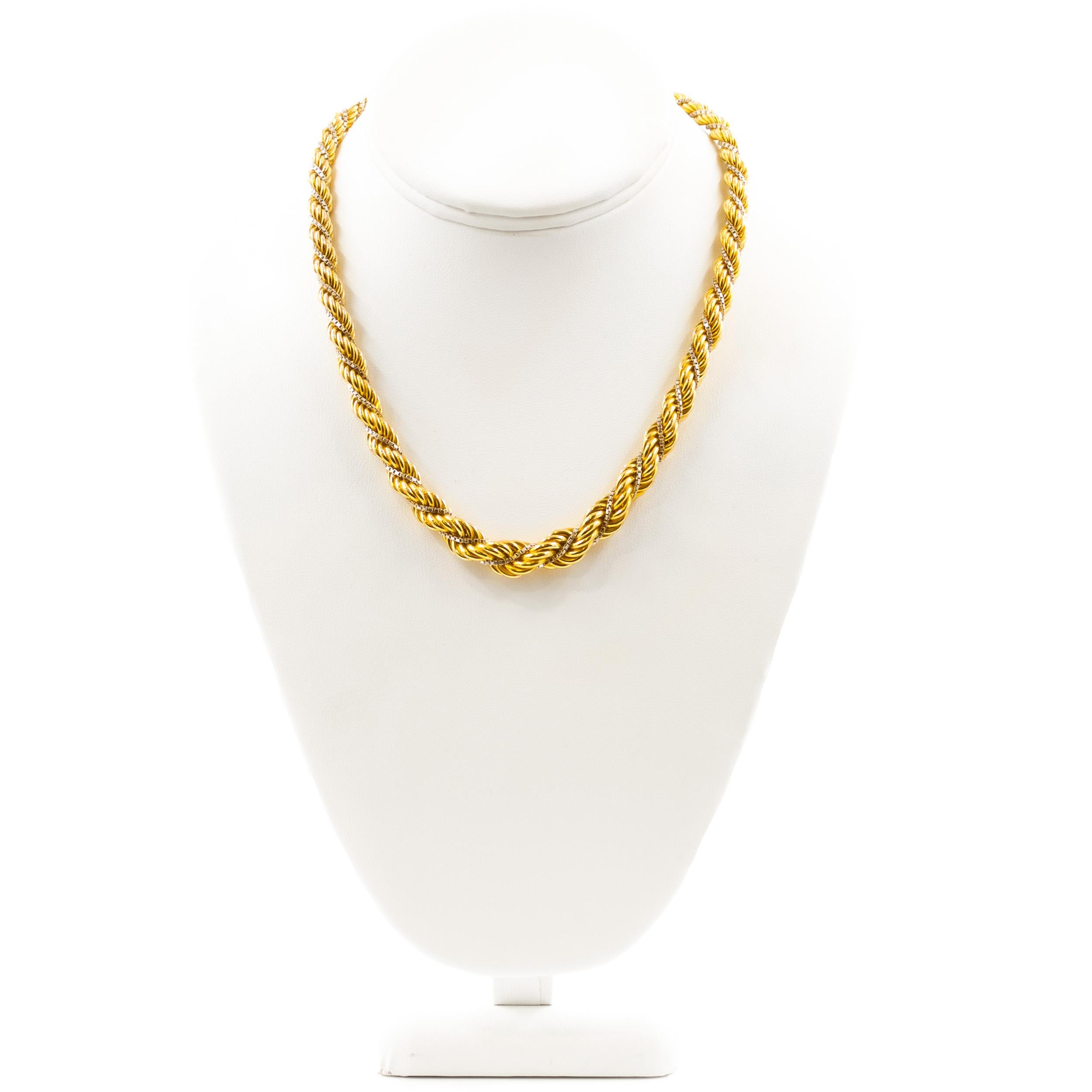 Mid-Century Modern Vintage 18k Yellow Gold Twisted-Rope Necklace with 14k Gold Accent For Sale