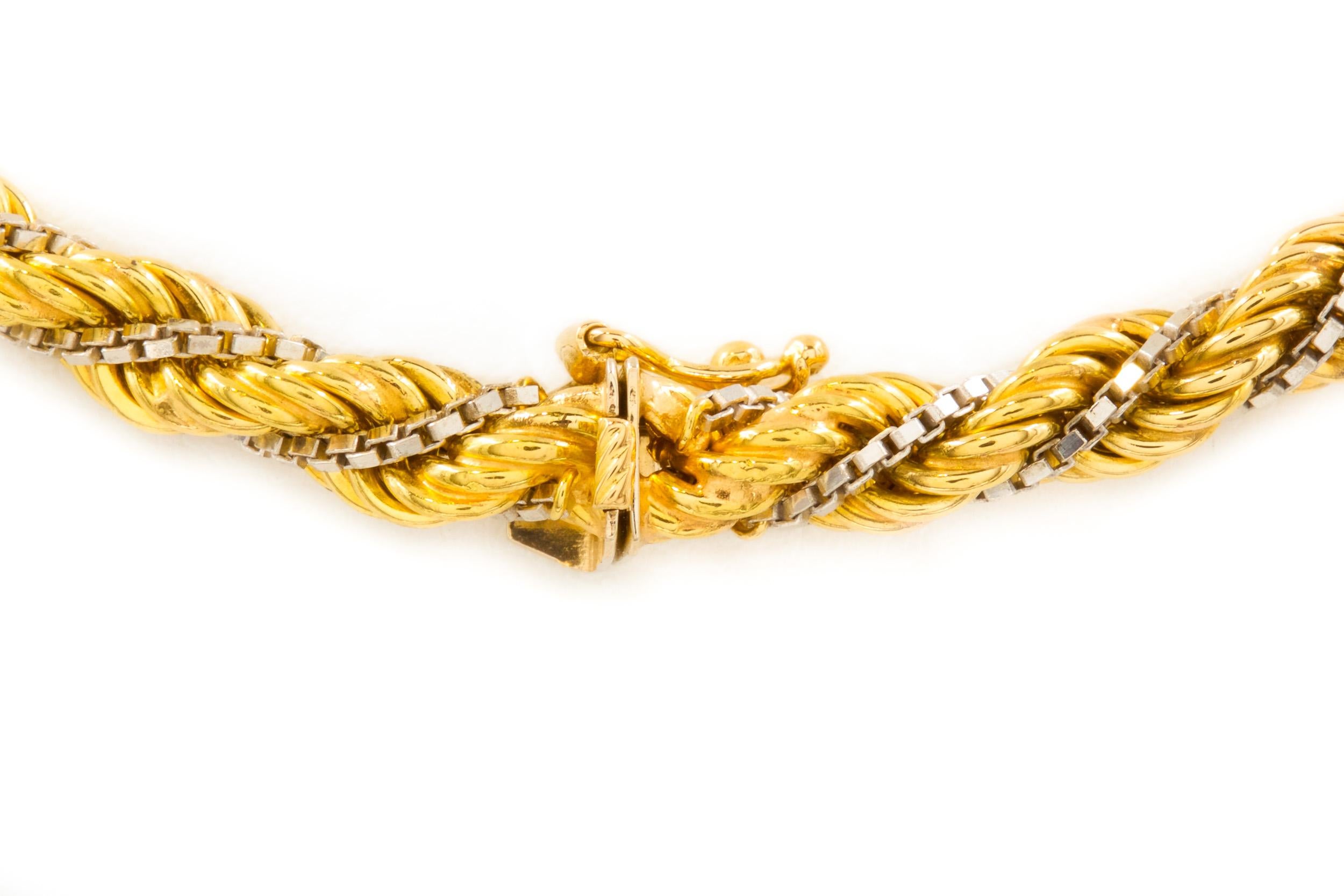 20ième siècle Collier Vintage en or jaune 18k et corde torsadée avec accents en or 14k en vente