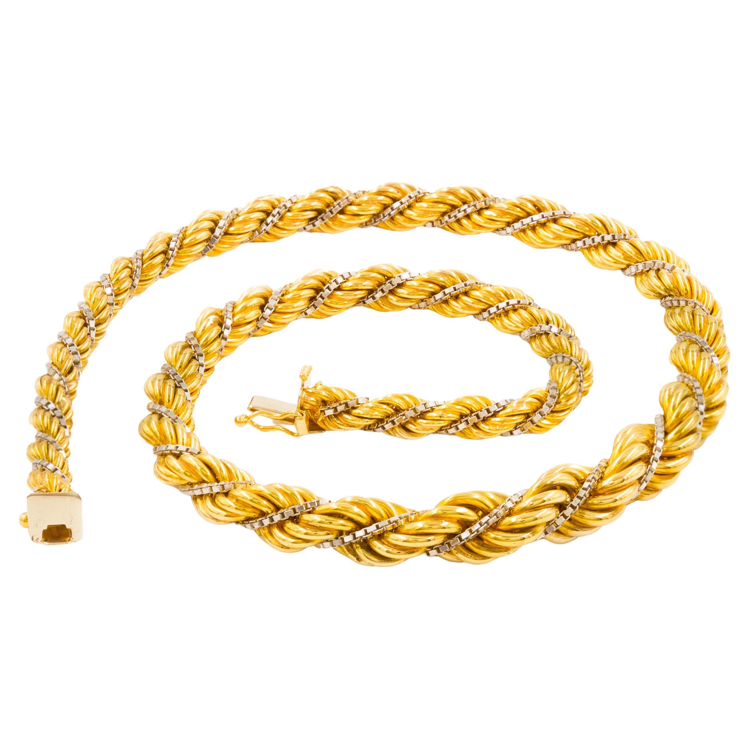 Vintage 18k Yellow Gold Twisted-Rope Necklace with 14k Gold Accent For Sale