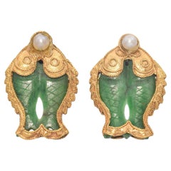 Vintage 18K Yellow Gold Two Jade Fish & Pearl Stud Earrings