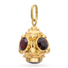 Vintage 18k Yellow Gold Venetian Etruscan Garnet Charm Fob Pendant