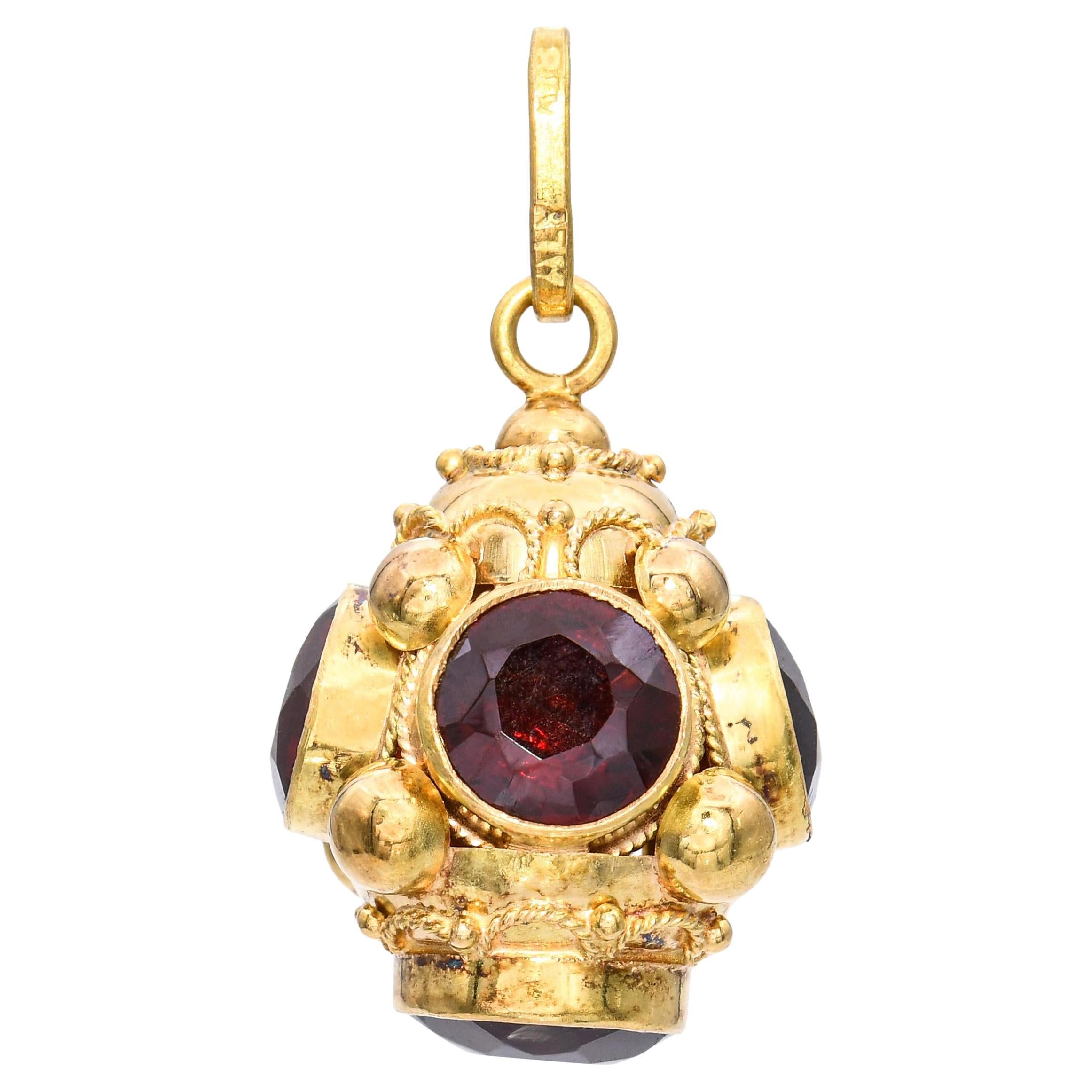 Vintage 18k Yellow Gold Venetian Etruscan Garnet Charm Fob Pendentif