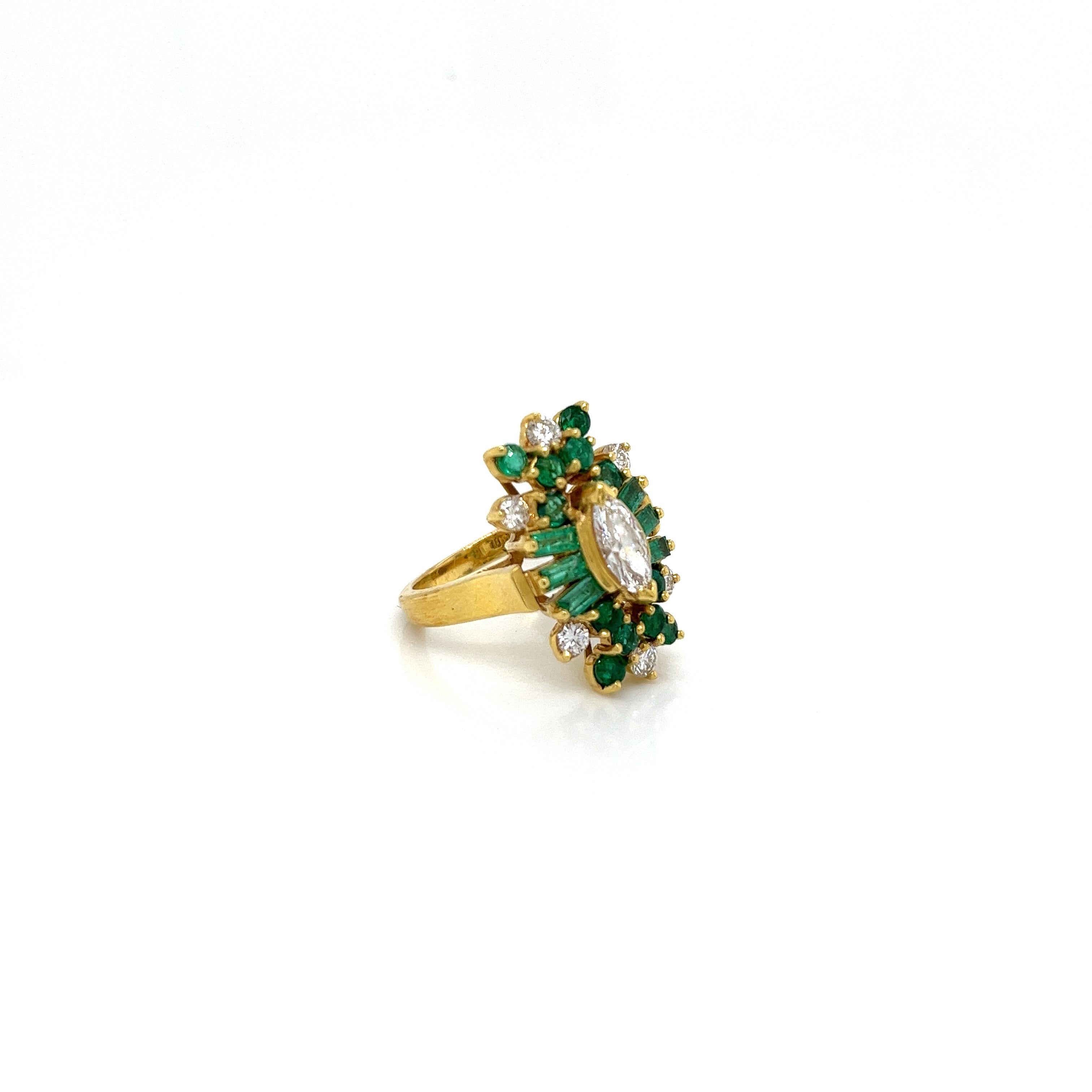 Marquise Cut Vintage 18k yellow gold Victorian Reproduction Diamond and Emerald Ring For Sale