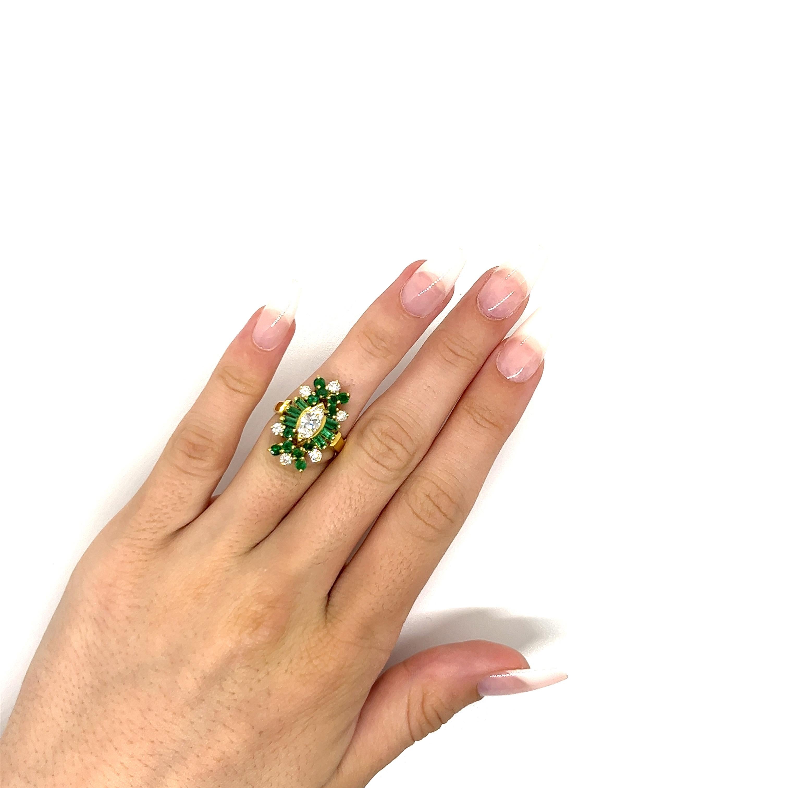 Vintage 18k yellow gold Victorian Reproduction Diamond and Emerald Ring In Good Condition For Sale In Boston, MA