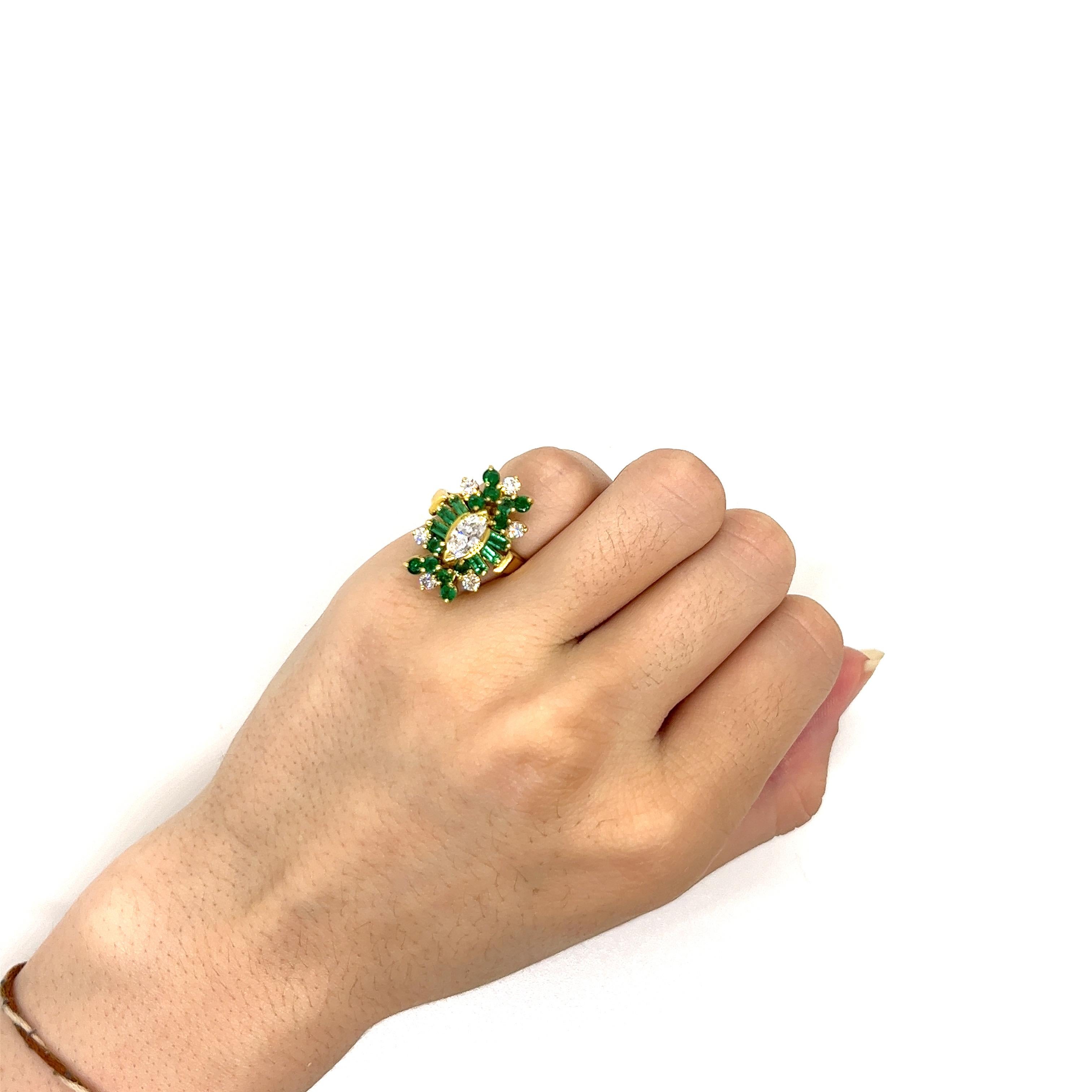 Women's Vintage 18k yellow gold Victorian Reproduction Diamond and Emerald Ring For Sale