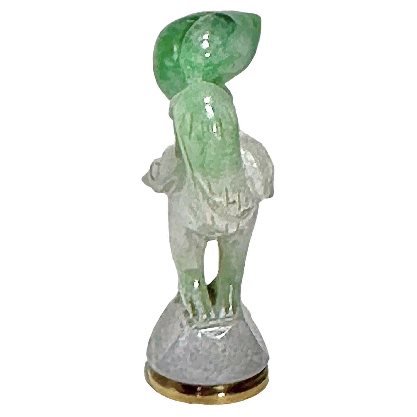 Mixed Cut Vintage 18K Yellow Gold Wax Seal with Hand Carved Jade Bird Handle For Sale