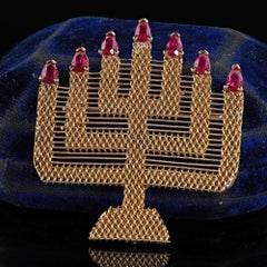 Vintage 18K Yellow Gold Weaved Menorah Ruby Pin and Pendant