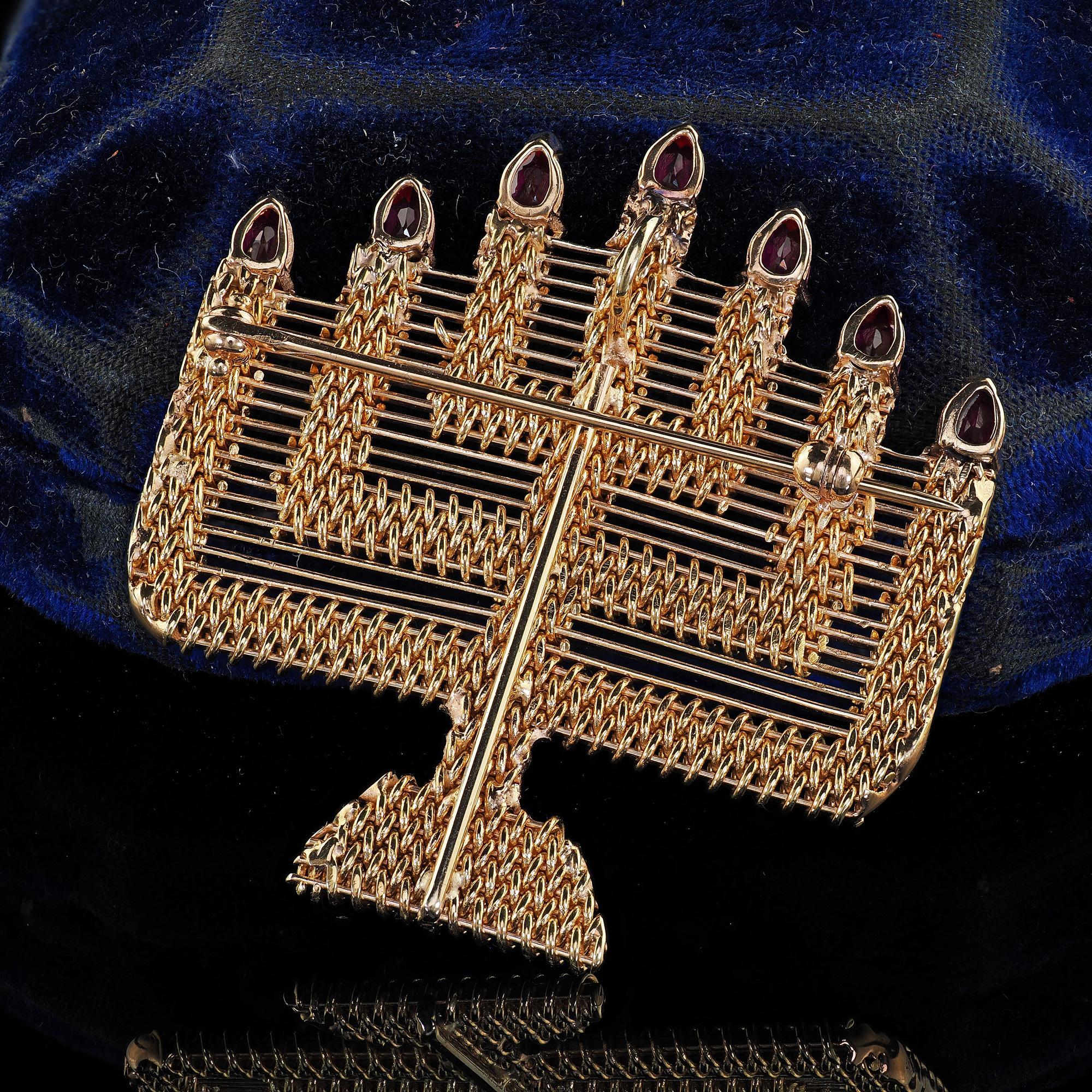 Vintage 18K Yellow Gold Weaved Menorah Ruby Pin and Pendant For Sale at ...