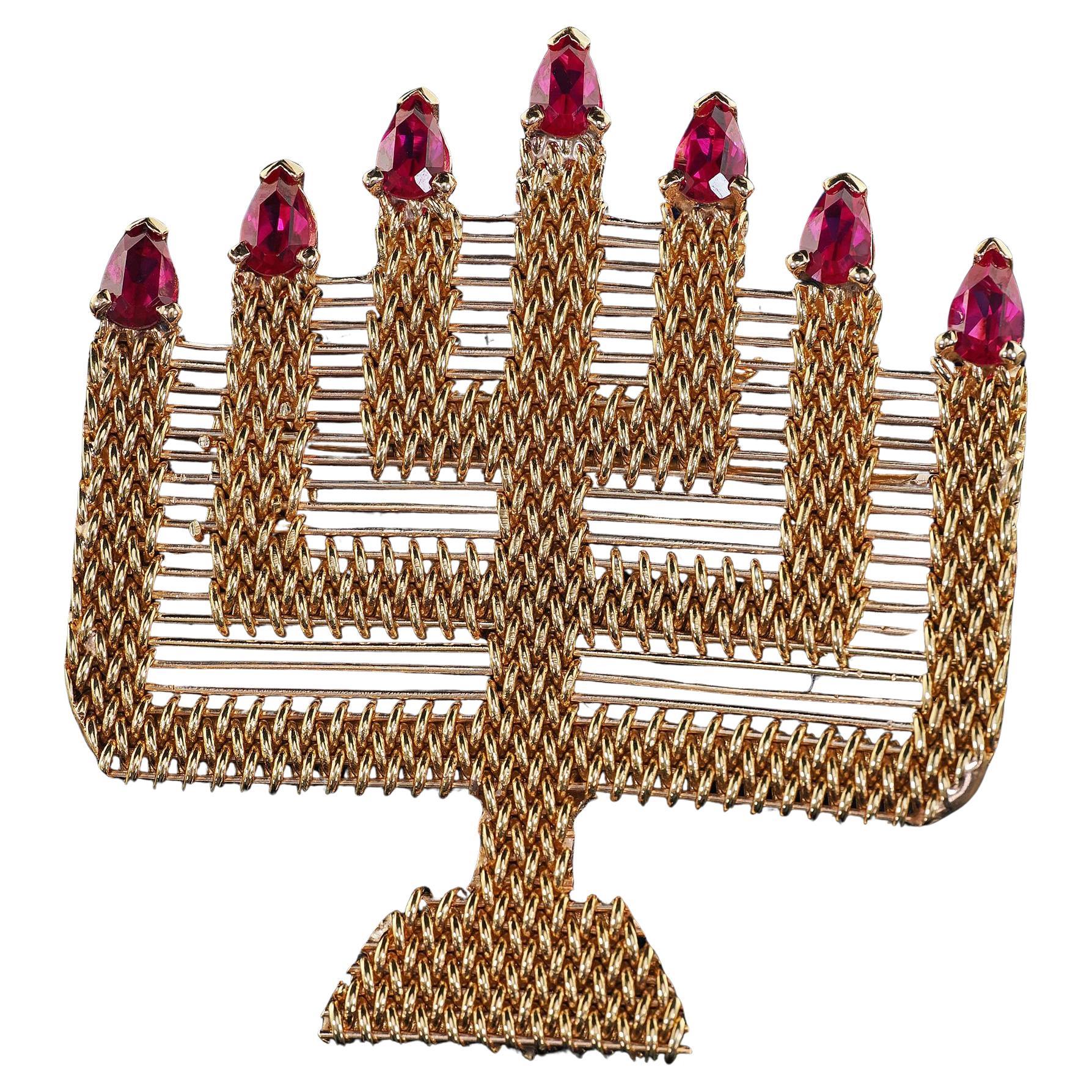 Vintage 18K Gelbgold gewebt Menorah Rubin Pin und Anhänger