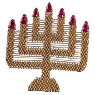 Vintage 18K Yellow Gold Weaved Menorah Ruby Pin and Pendant For Sale at ...