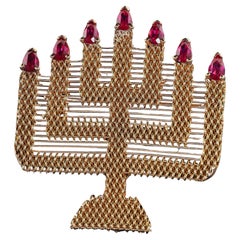 Vintage 18K Gelbgold gewebt Menorah Rubin Pin und Anhänger