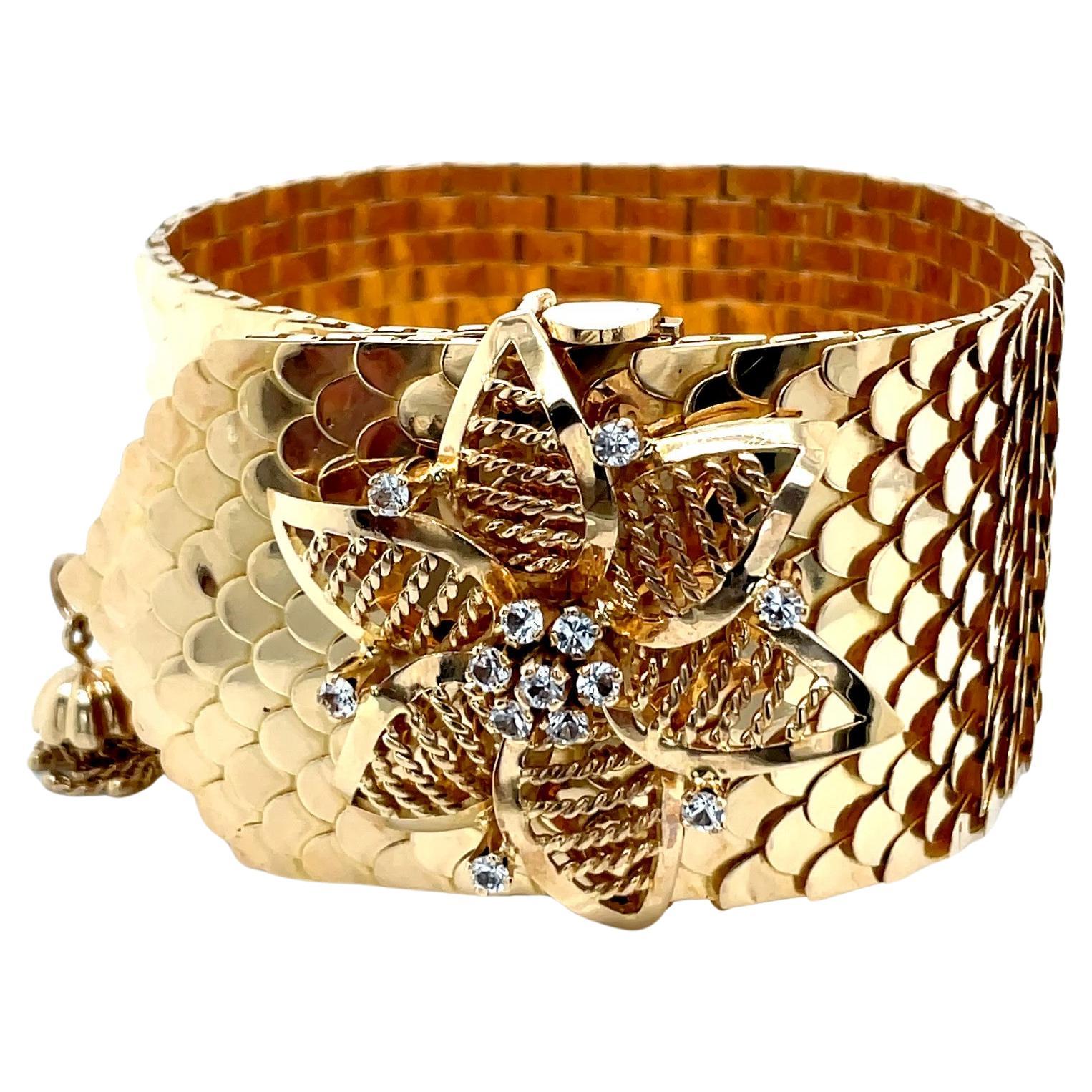 Vintage 18k Gelbgold Breite Kleopatra Fischschuppen Armband