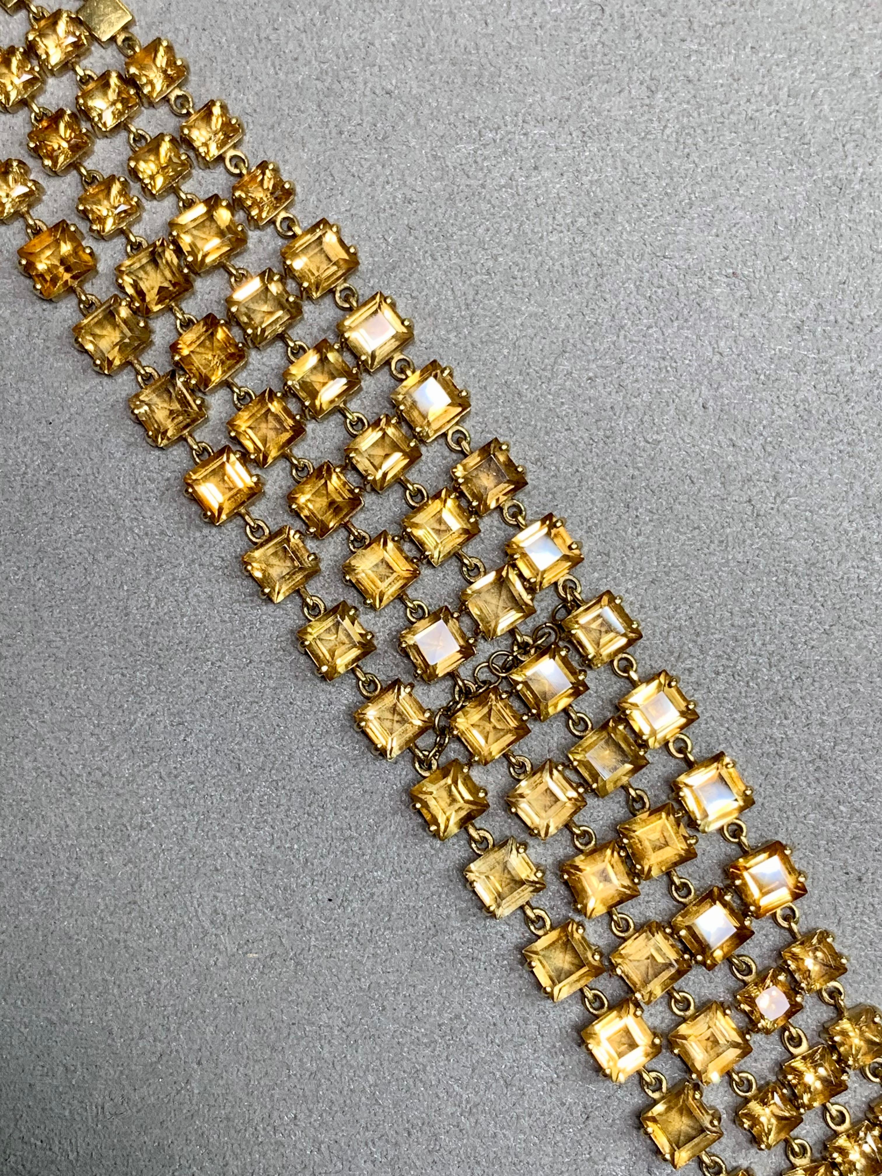 Retro Vintage 18K Yellow Gold Wide Multirow Square Citrine Wrap Bracelet 7” 45ctw For Sale
