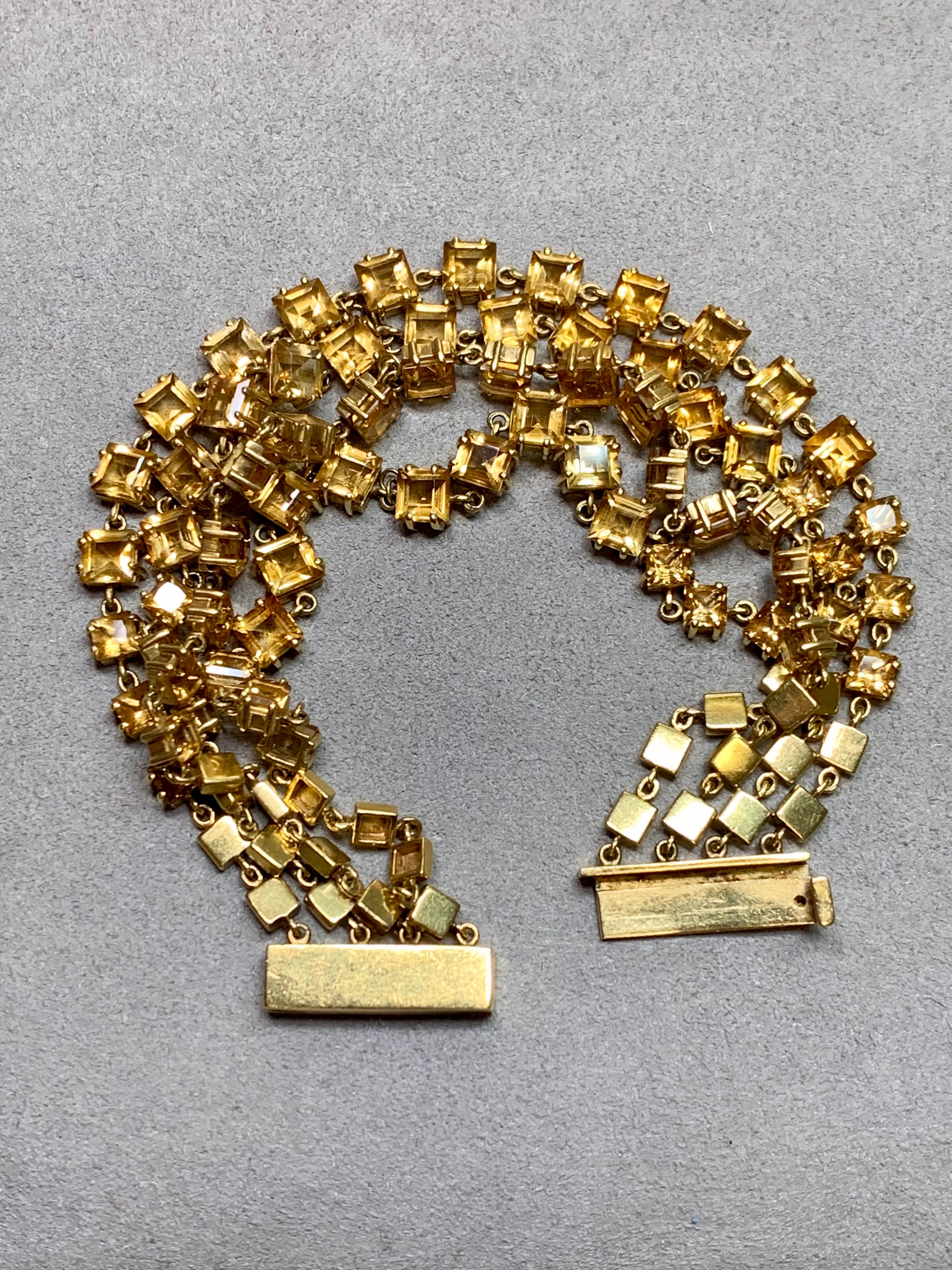 Square Cut Vintage 18K Yellow Gold Wide Multirow Square Citrine Wrap Bracelet 7” 45ctw For Sale