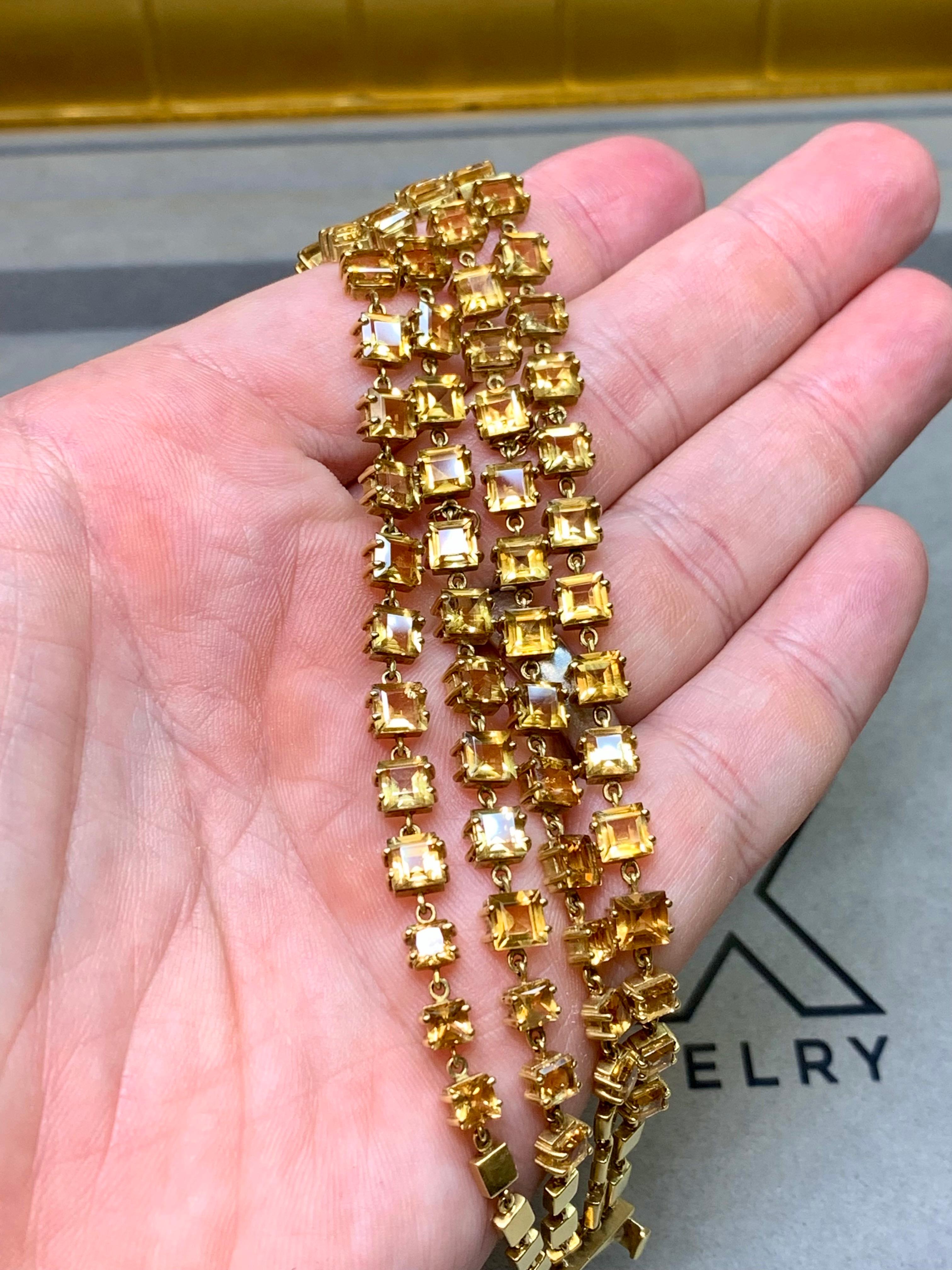 Vintage 18K Yellow Gold Wide Multirow Square Citrine Wrap Bracelet 7” 45ctw In Good Condition For Sale In Winter Springs, FL