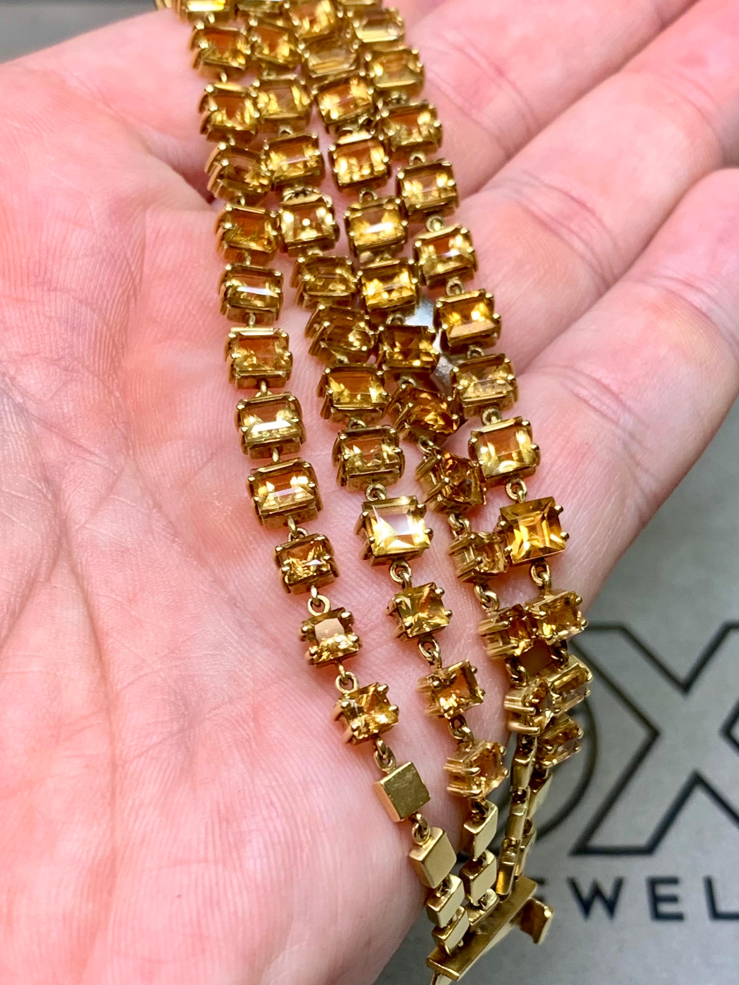 Women's or Men's Vintage 18K Yellow Gold Wide Multirow Square Citrine Wrap Bracelet 7” 45ctw For Sale