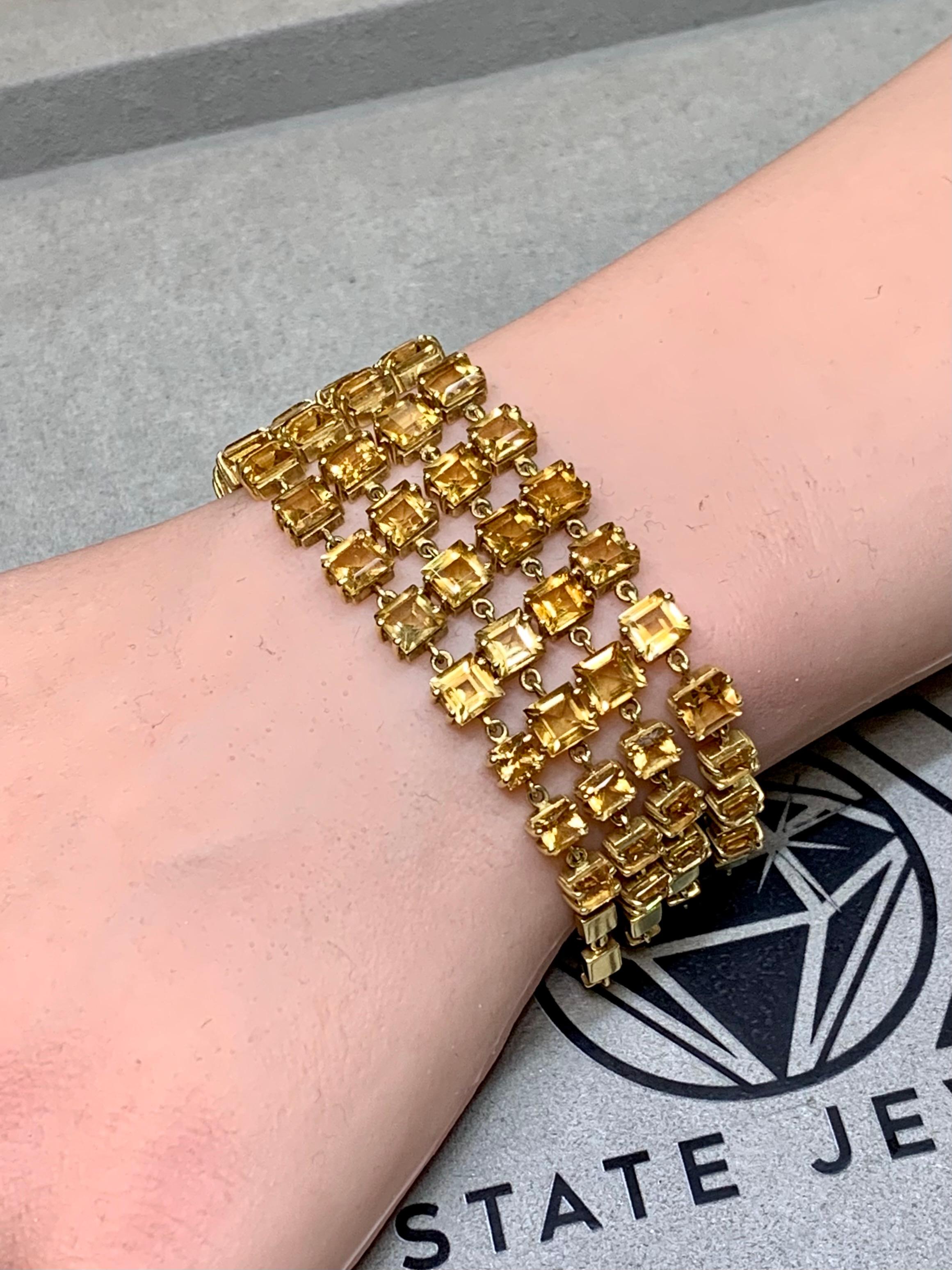 Vintage 18K Yellow Gold Wide Multirow Square Citrine Wrap Bracelet 7” 45ctw For Sale 1