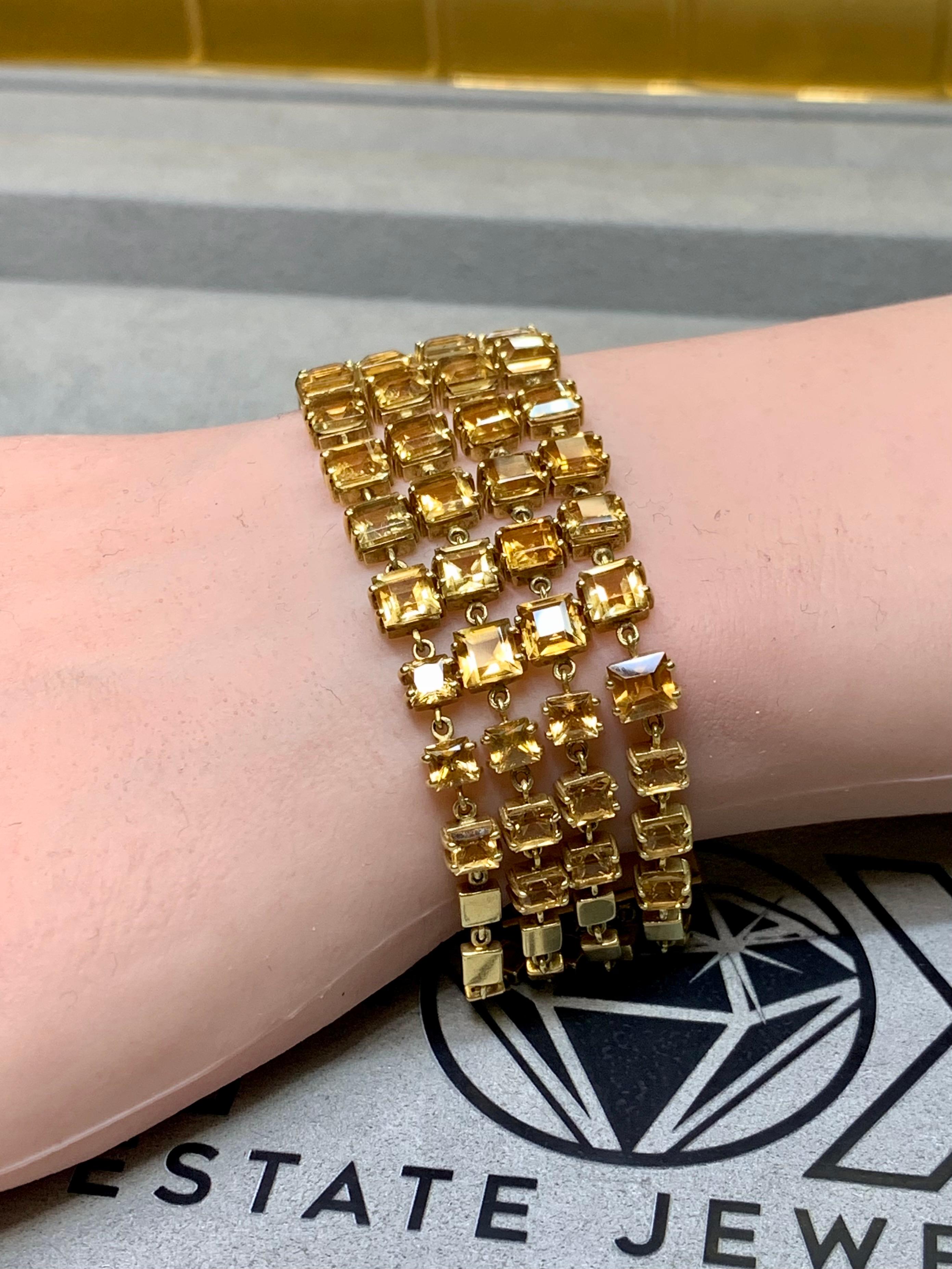 Vintage 18K Yellow Gold Wide Multirow Square Citrine Wrap Bracelet 7” 45ctw For Sale 2