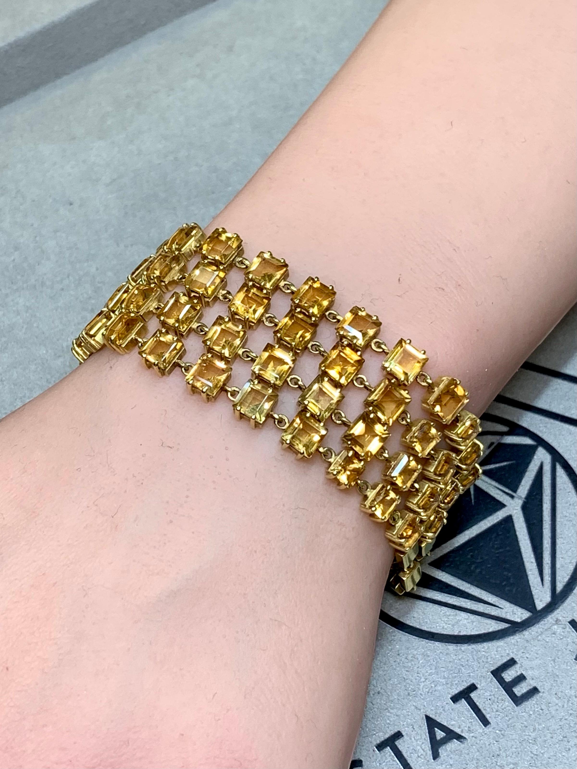 Vintage 18K Yellow Gold Wide Multirow Square Citrine Wrap Bracelet 7” 45ctw For Sale 3