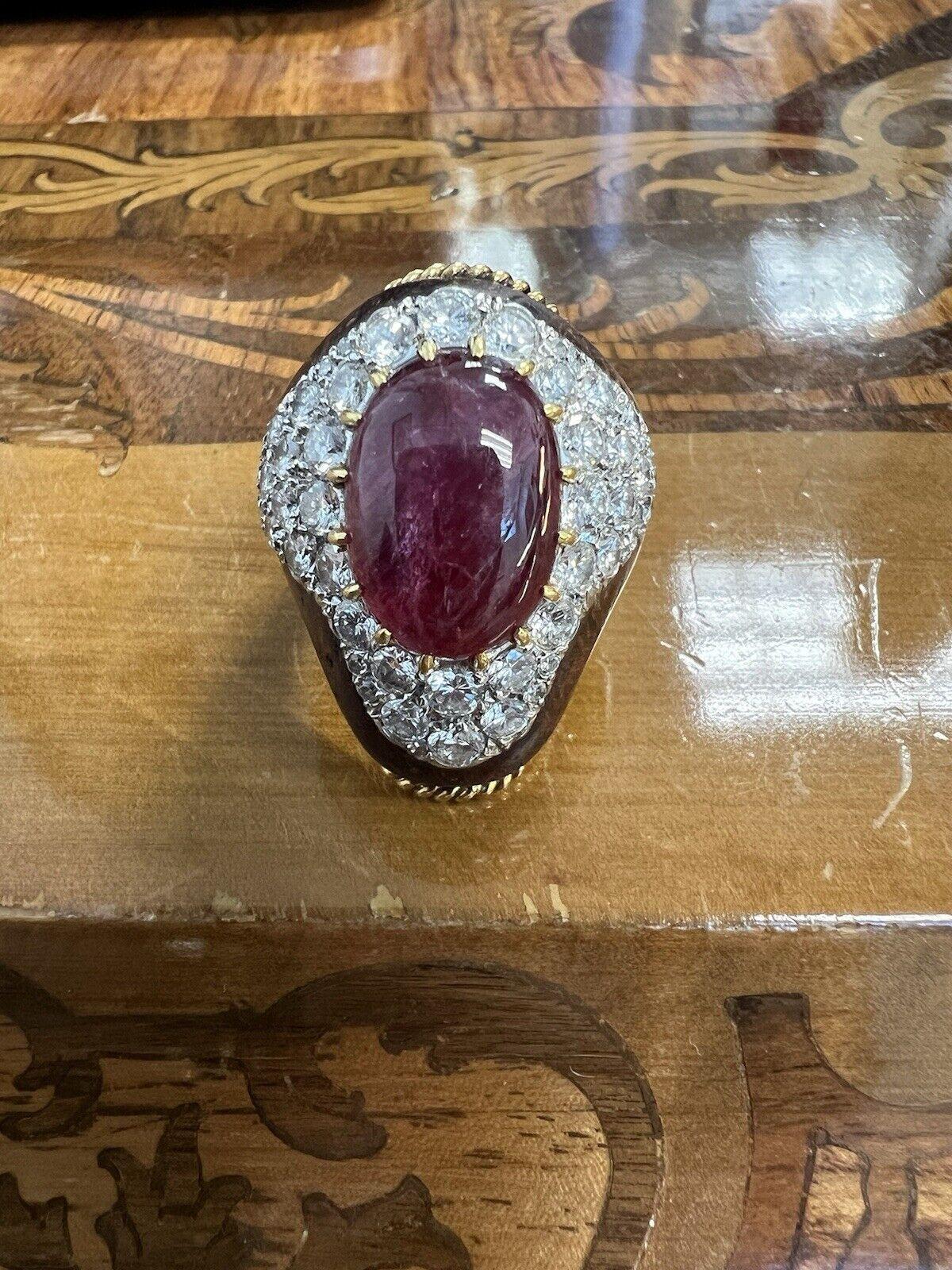 VINTAGE 18k Yellow Gold, Wood, Diamond & Ruby Cocktail Ring Vintage 1970s For Sale 5