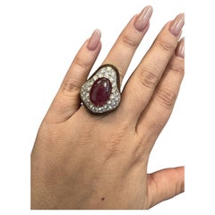 VINTAGE 18k Yellow Gold, Wood, Diamond & Ruby Cocktail Ring Vintage 1970s