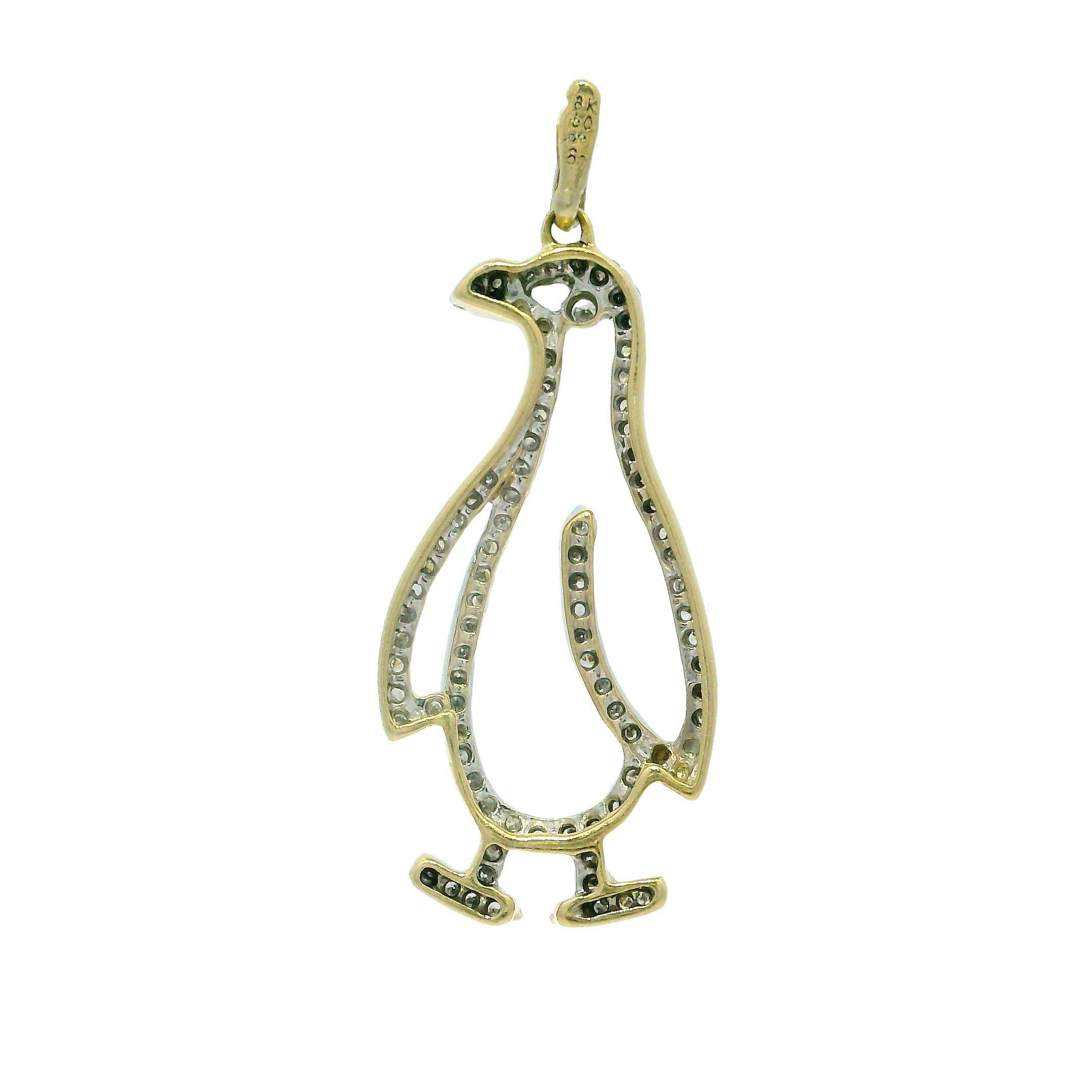 Vintage 18k Yellow & White Gold 0.40ctw Diamond Cutout Penguin Charm Pendant In Excellent Condition For Sale In Montclair, NJ