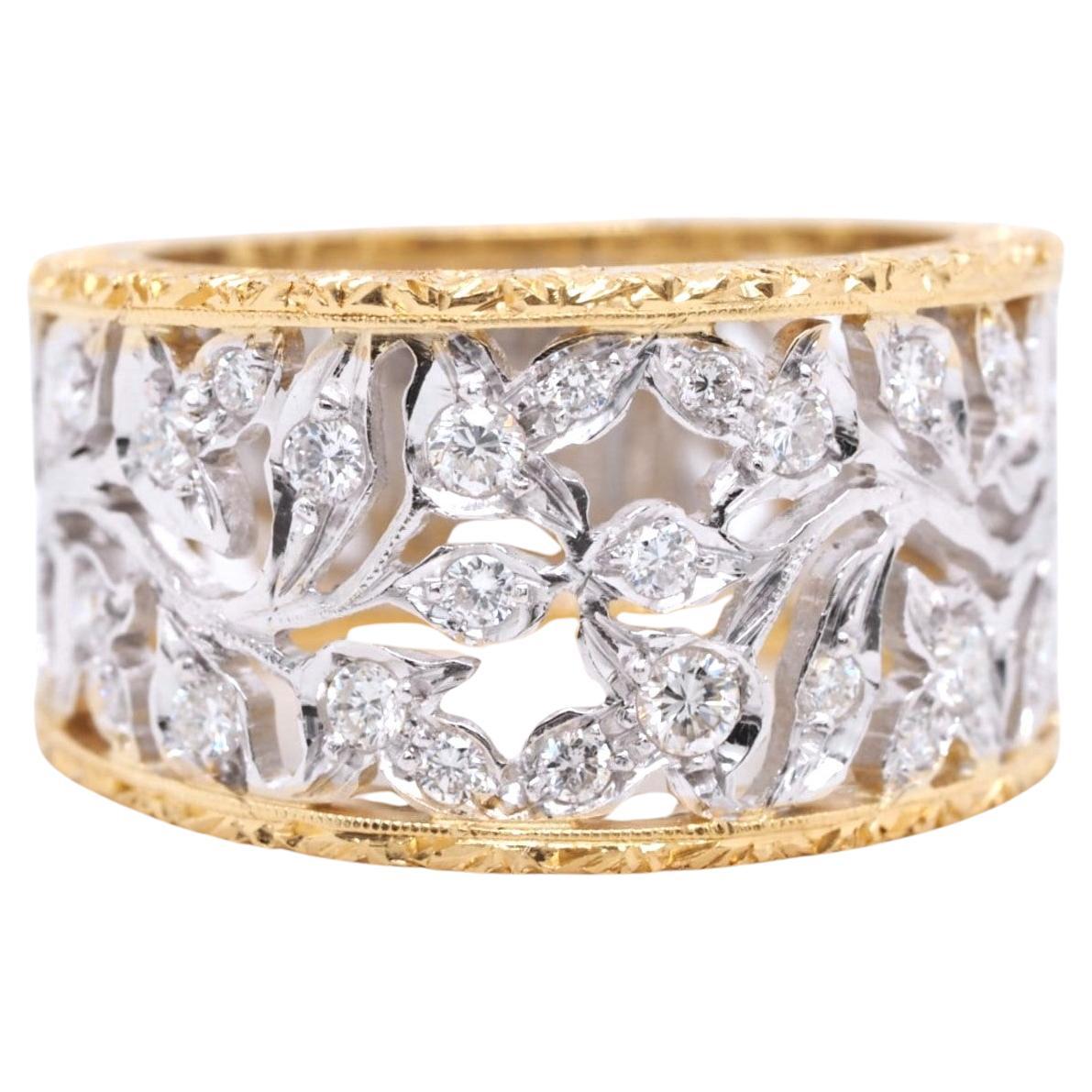 Vintage 18K Yellow & White Gold 0.60 ct Round Cut Diamond Band Ring For Sale