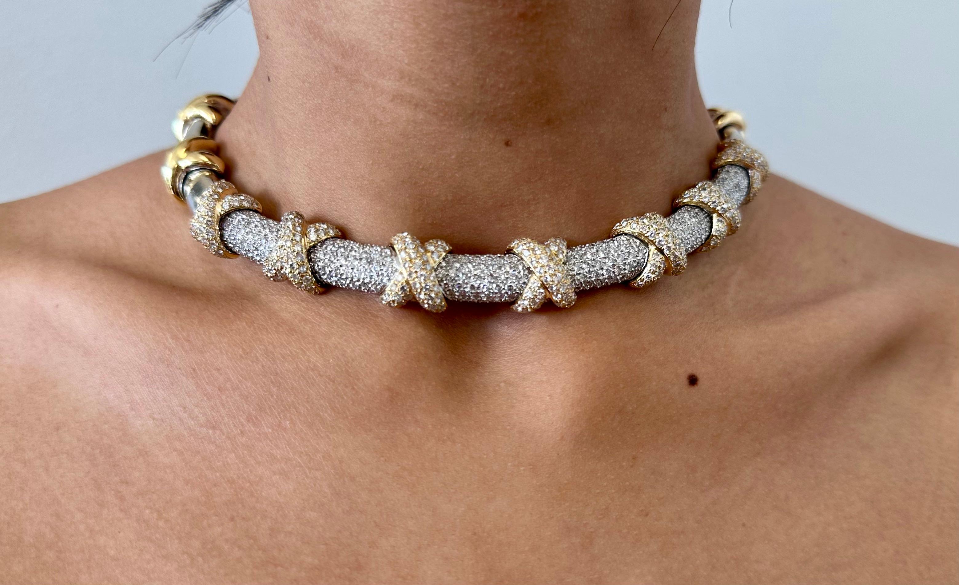 Vintage or jaune et blanc 18K  Collier Chocker en diamant de 12 carats Bon état - En vente à Houston, TX