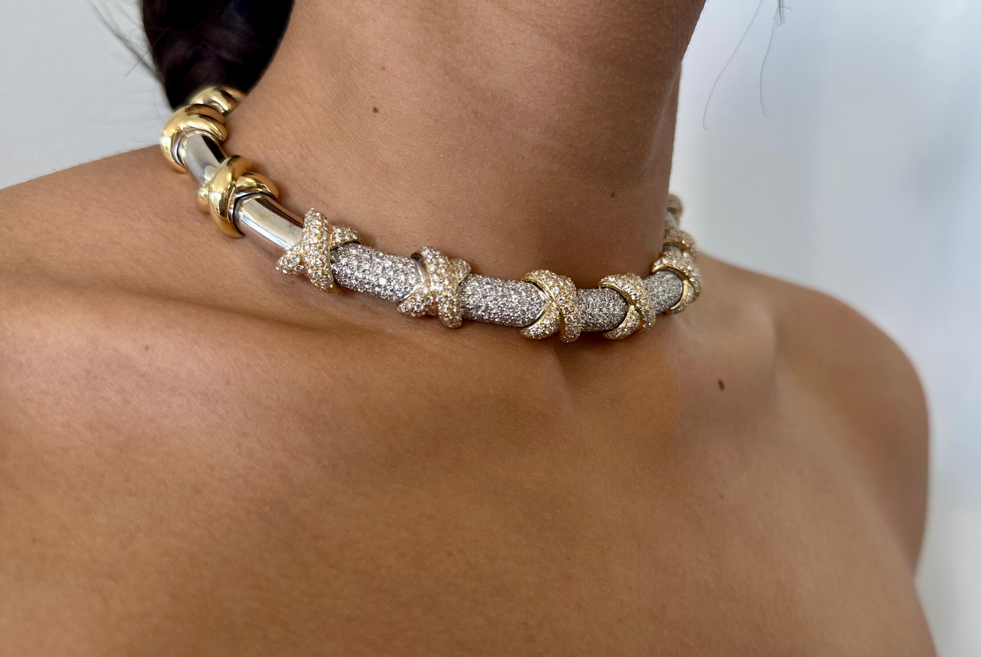 Vintage or jaune et blanc 18K  Collier Chocker en diamant de 12 carats Pour femmes en vente