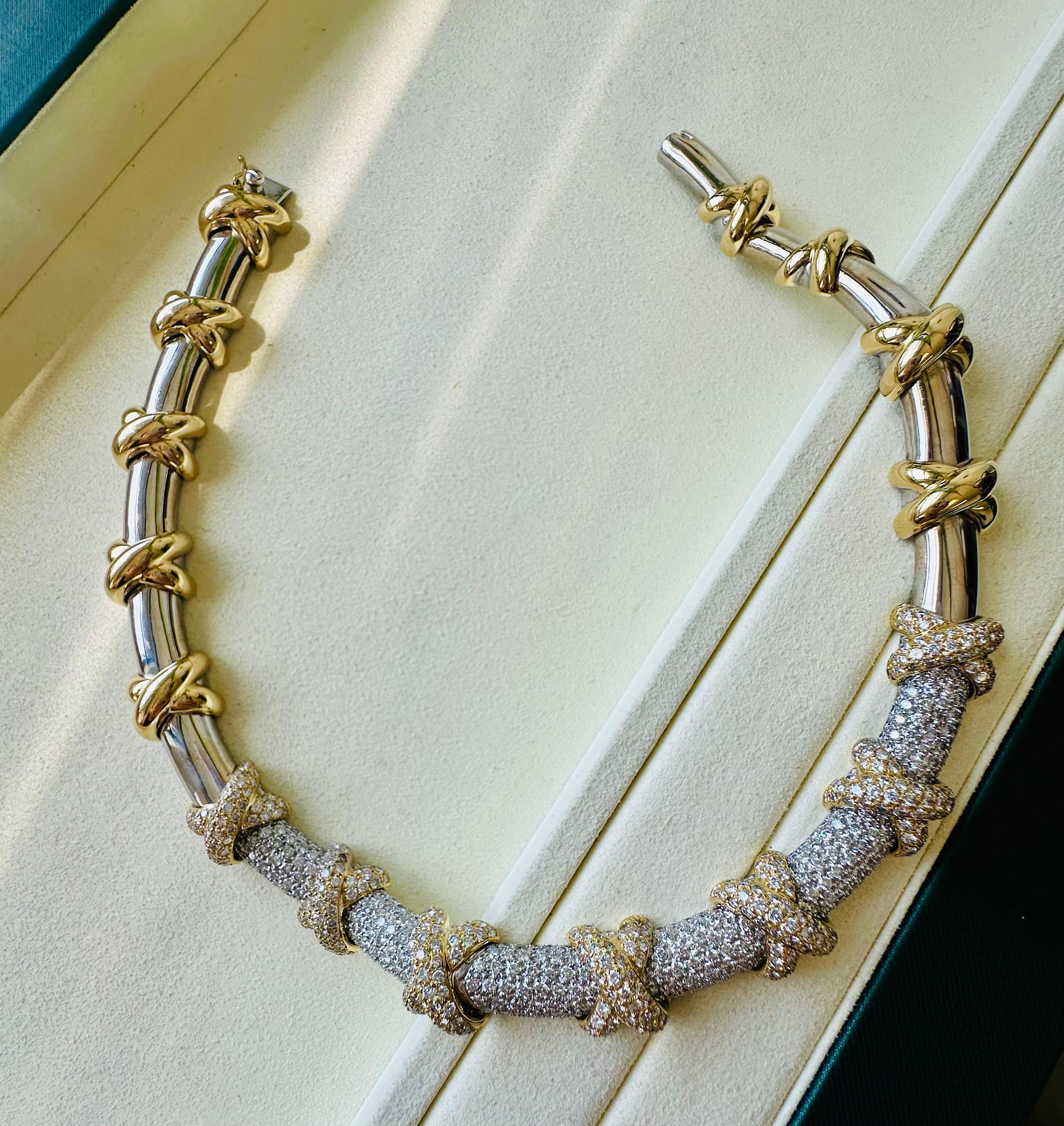 Vintage or jaune et blanc 18K  Collier Chocker en diamant de 12 carats en vente 1