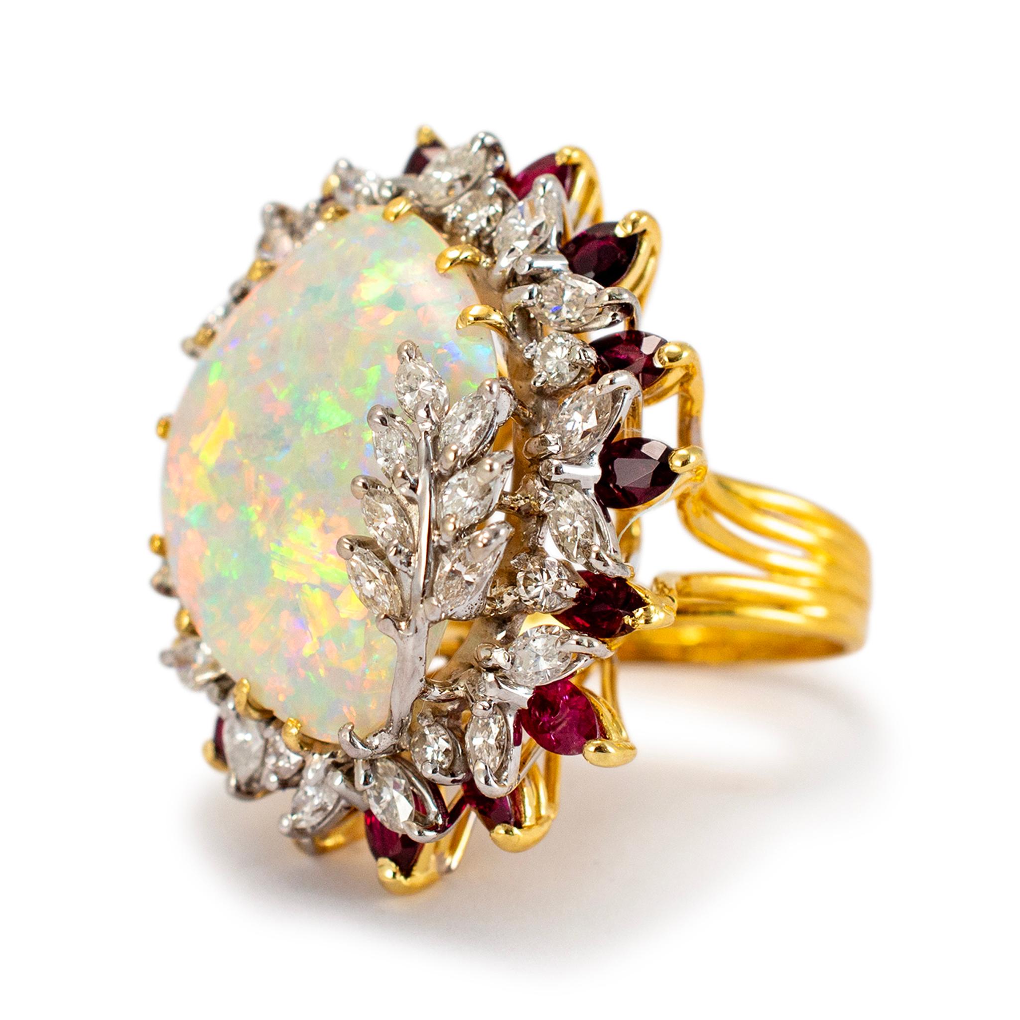 Round Cut Vintage 18K Yellow & White Gold Australian Opal Halo Ruby Diamond Cocktail Ring For Sale